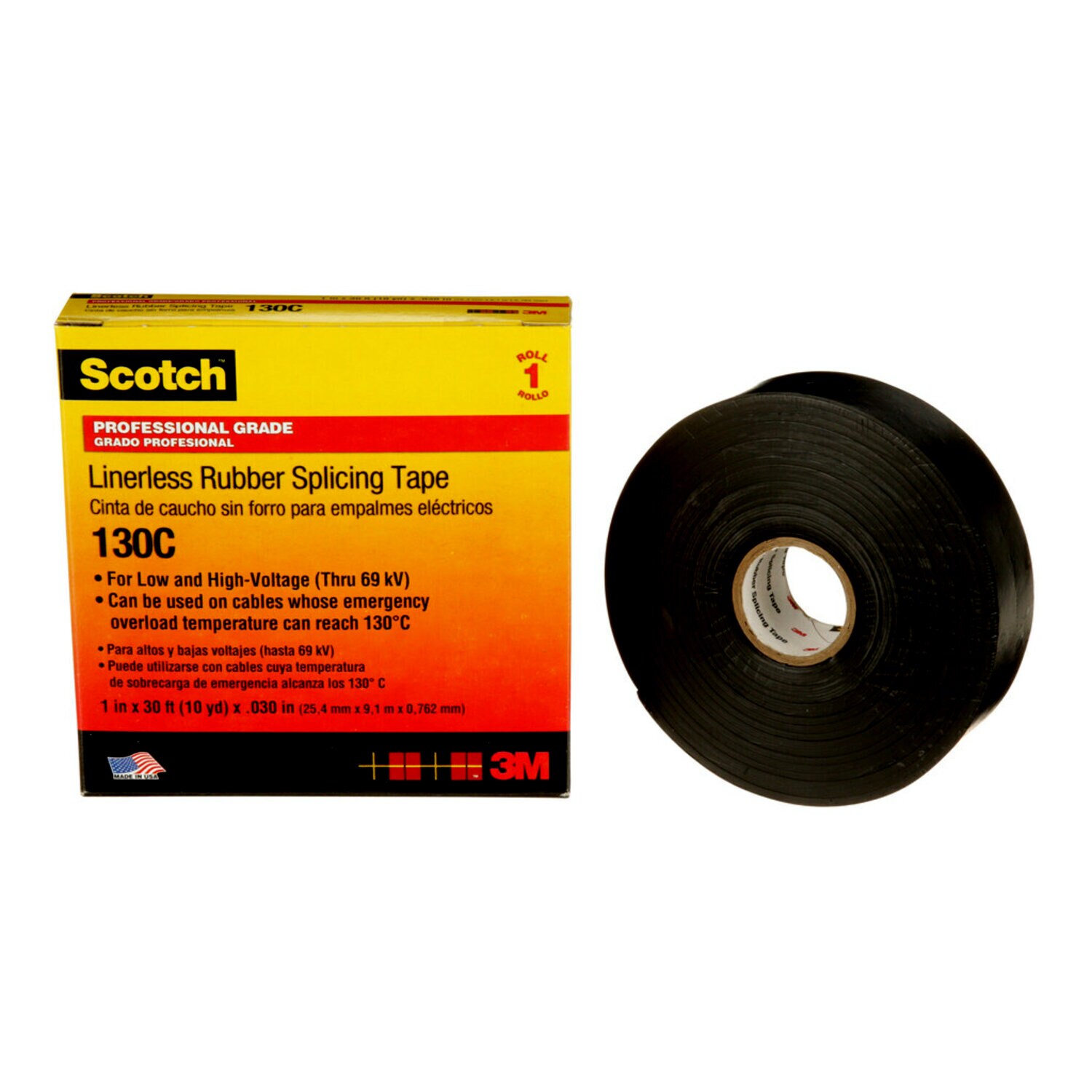 7000006090 - Scotch Linerless Rubber Splicing Tape 130C, 1 in x 30 ft, Black, 1 roll/carton, 24 rolls/Case