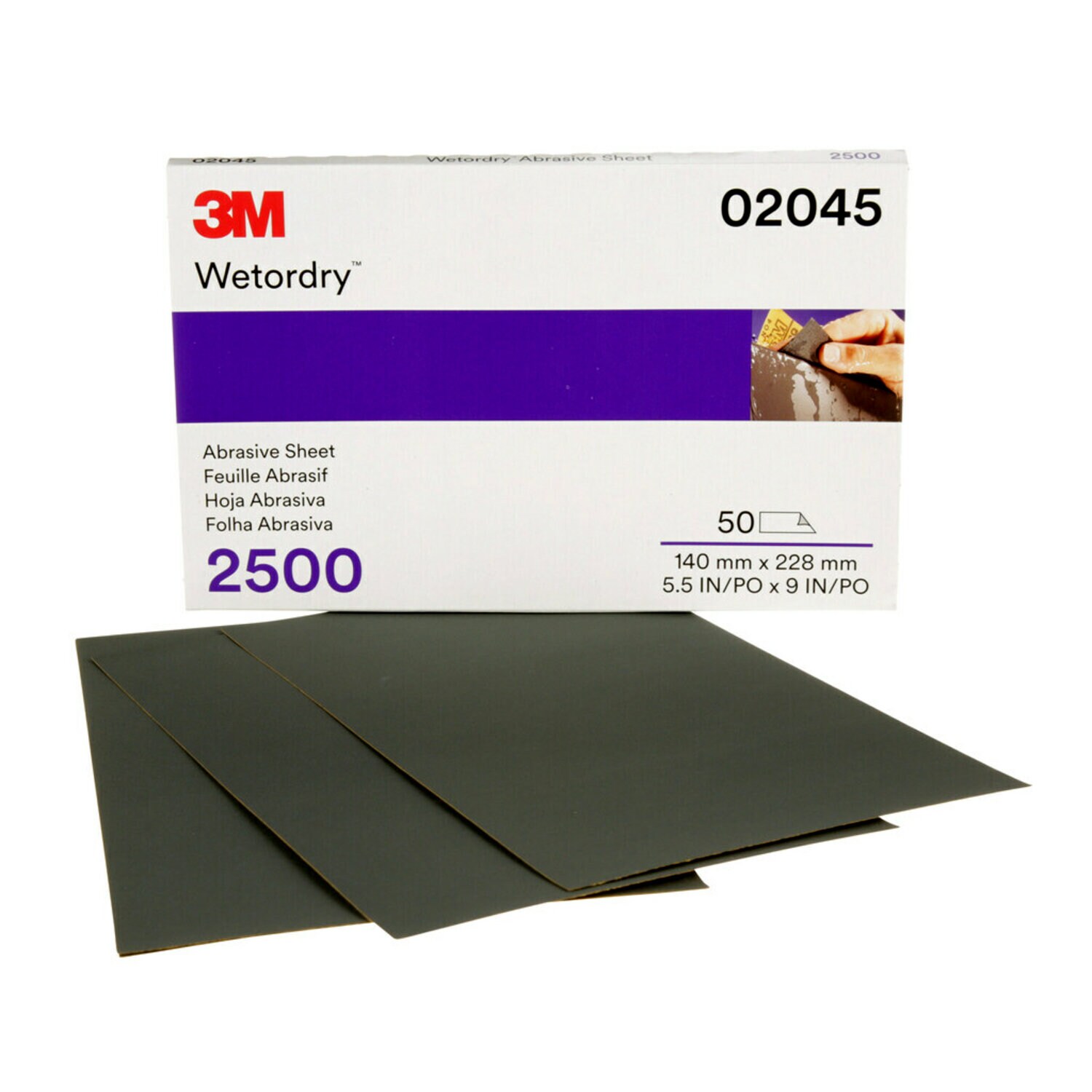 7000028117 - 3M Wetordry Abrasive Sheet 401Q, 02045, 2500, 5 1/2 x 9 in, 50 sheets per carton, 5 cartons per case