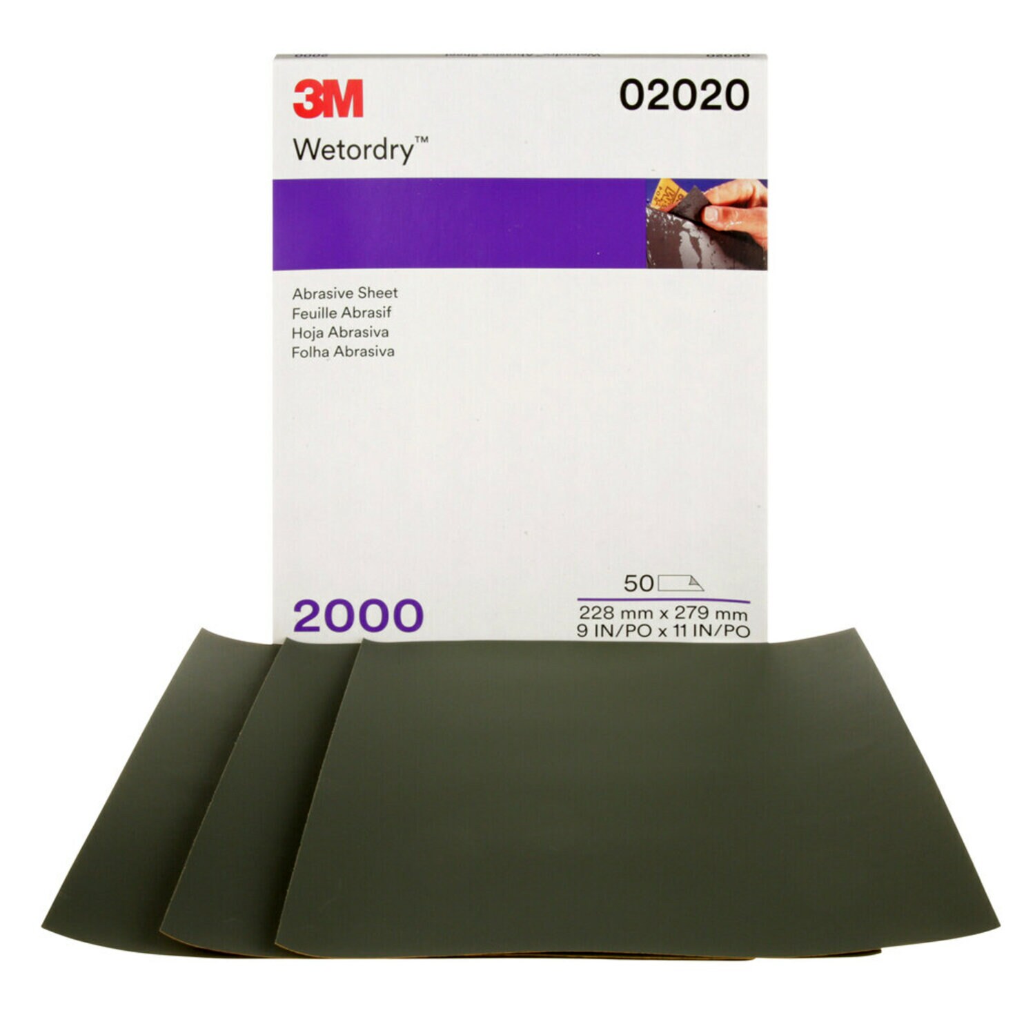 7100003690 - 3M Wetordry Abrasive Sheet, 02020, 2000, 9 in x 11 in, 50 sheets per carton, 5 cartons per case
