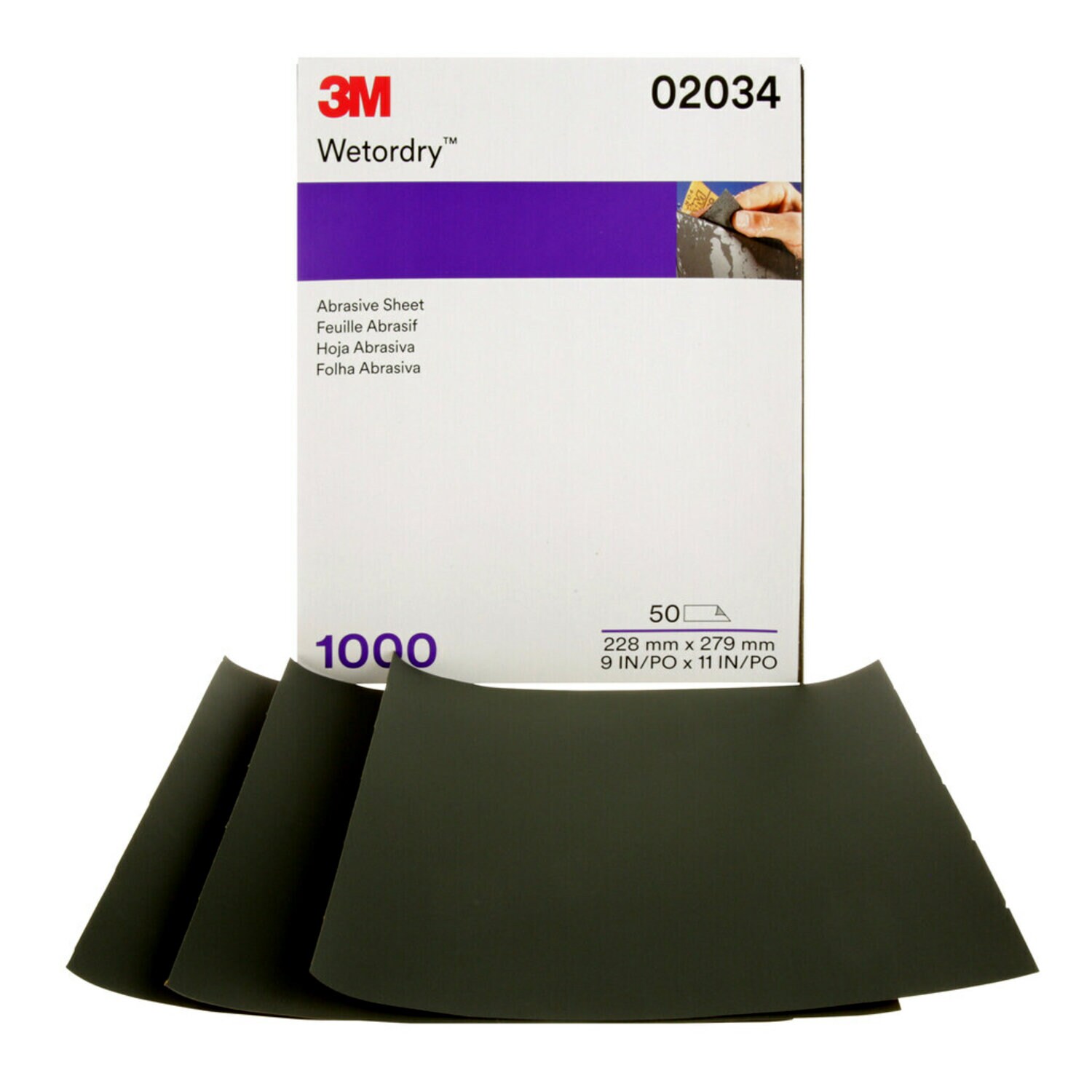 7100003726 - 3M Wetordry Abrasive Sheet, 02034, 1000, 9 in x 11 in, 50 sheets per carton, 5 cartons per case