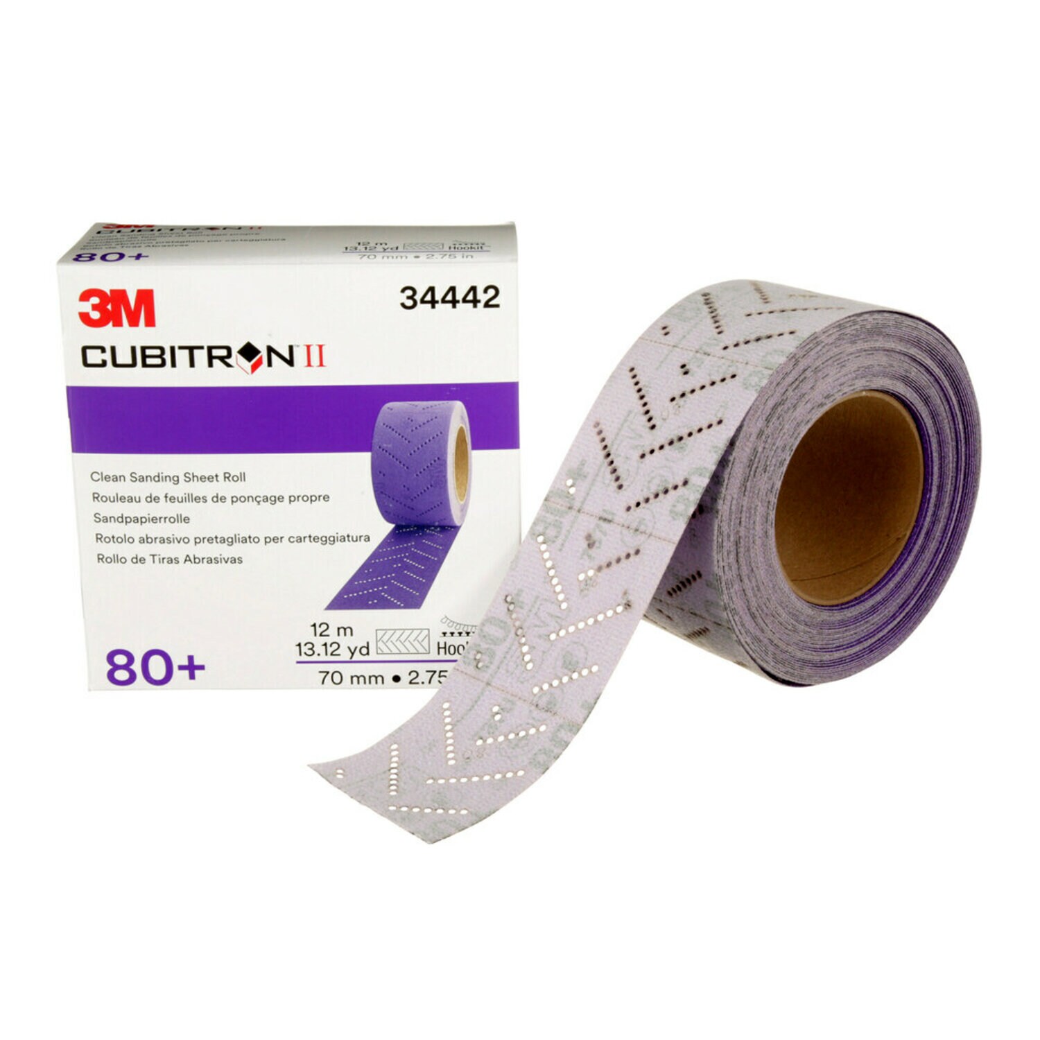 7100150711 - 3M Cubitron II Hookit Clean Sanding Sheet Roll, 34442, 80+ grade, 70
mm x 12 m, 5 rolls per case