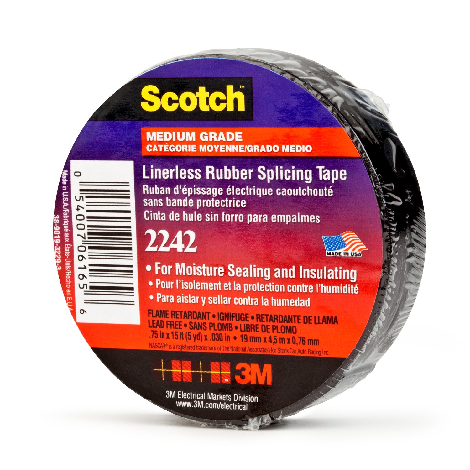 7000058491 - 3M Linerless Electrical Rubber Tape 2242, 3/4 in x 15 ft, 1 in core, Black, 1 roll/carton, 24 rolls/case