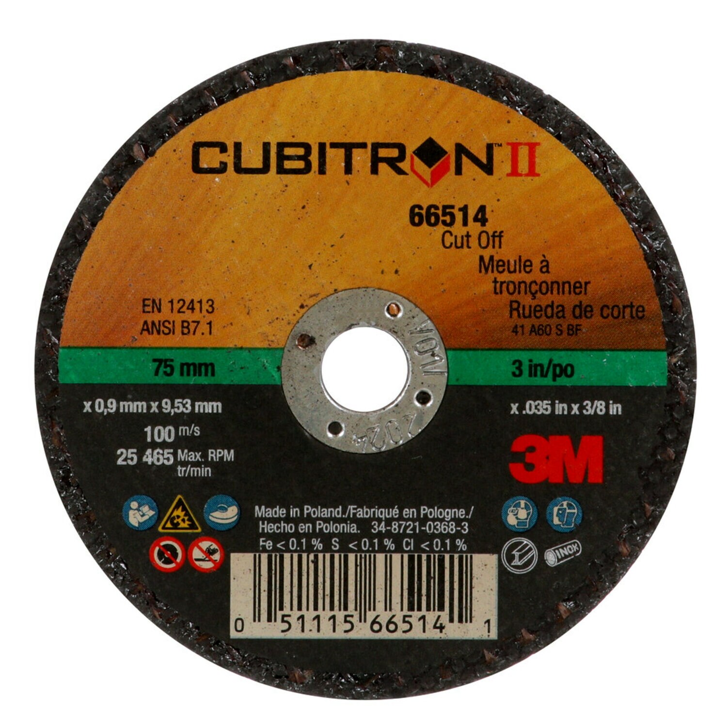 7100094771 - 3M Cubitron II Cut-Off Wheel, 66514, 60, Type 1, 3 in x 0.035 in x 3/8 in, 25/Carton, 50 ea/Case