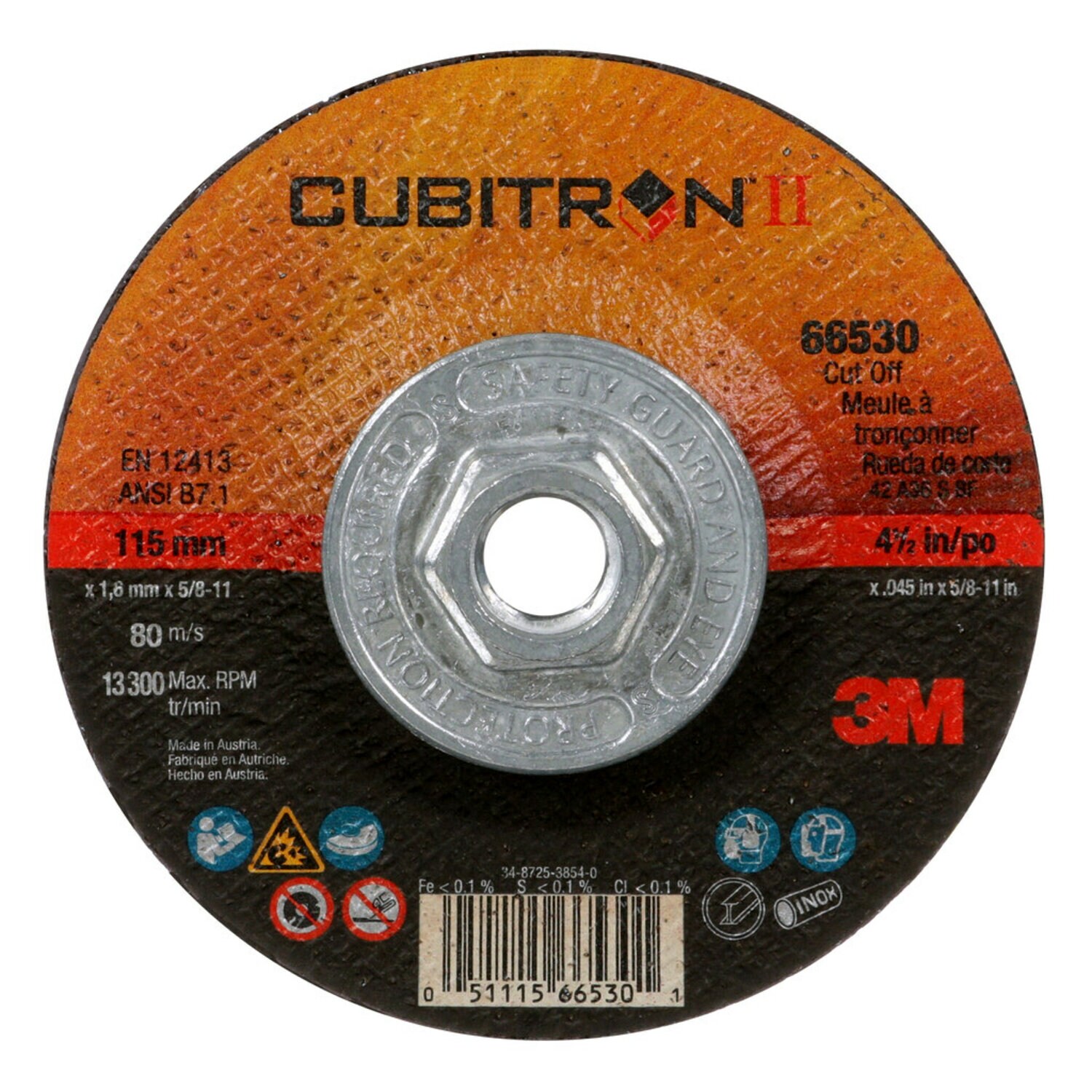 7100245010 - 3M Cubitron II Cut-Off Wheel, 66530, T27 Quick Change, 4.5 in x .045
in x 5/8 in-11 in, 25/Carton, 50 ea/Case
