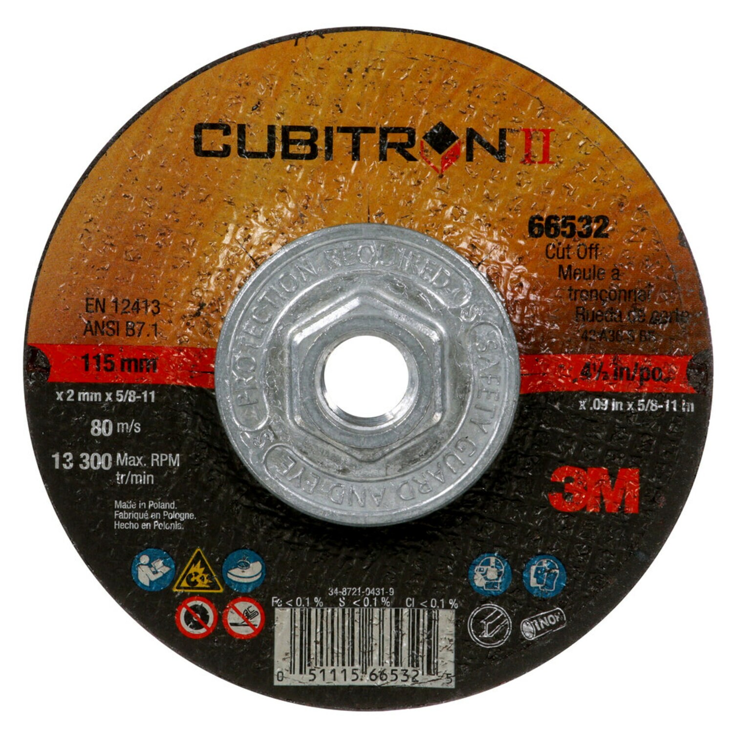7100247111 - 3M Cubitron II Cut-Off Wheel, 66532, Type 27 Quick Change, 4.5 in x
.09 in x 5/8"-11 in, 25/Carton, 50 ea/Case