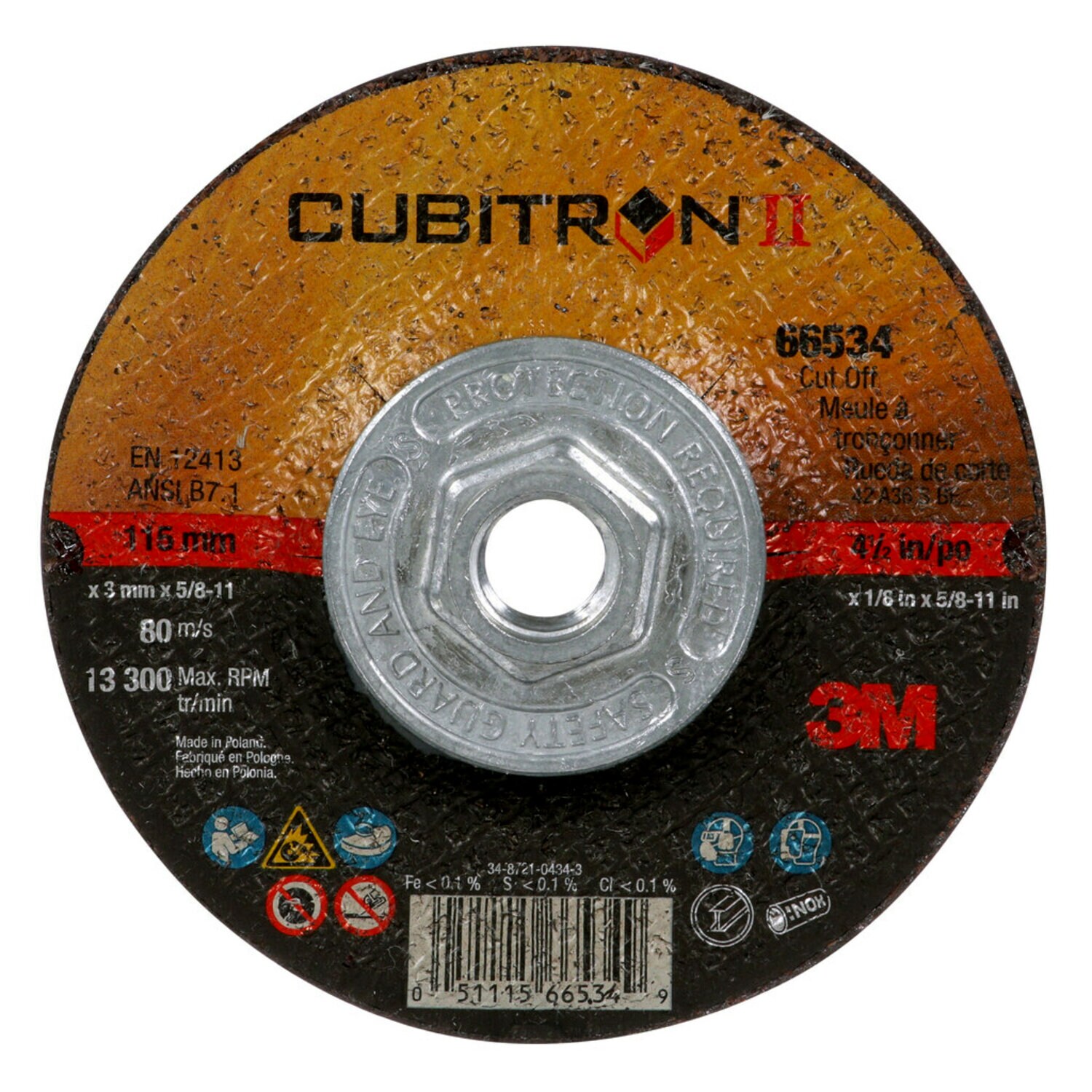 7100245008 - 3M Cubitron II Cut-Off Wheel, 66534, T27 Quick Change, 4.5 in x .125
in x 5/8 in-11 in, 25/Carton, 50 ea/Case