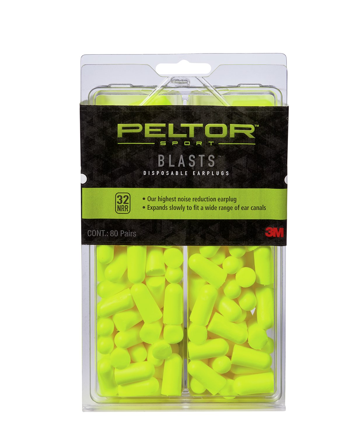 7100088753 - Peltor Sport Blasts Disposable Earplugs 97082-PEL80-6C, 80 ea/pk, Neon
Yellow