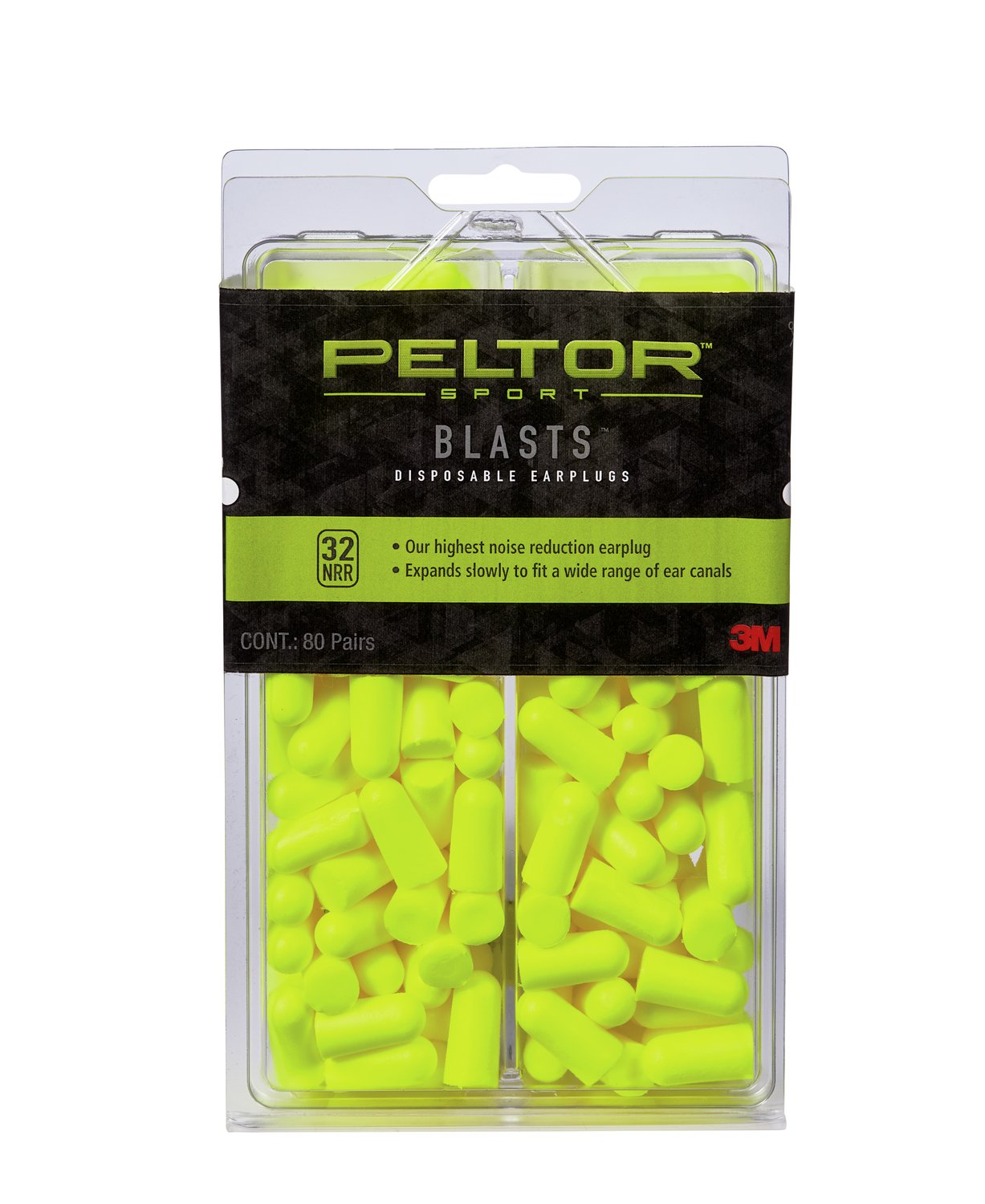 7100088753 - Peltor Sport Blasts Disposable Earplugs 97082-PEL80-6C, 80 ea/pk, Neon Yellow