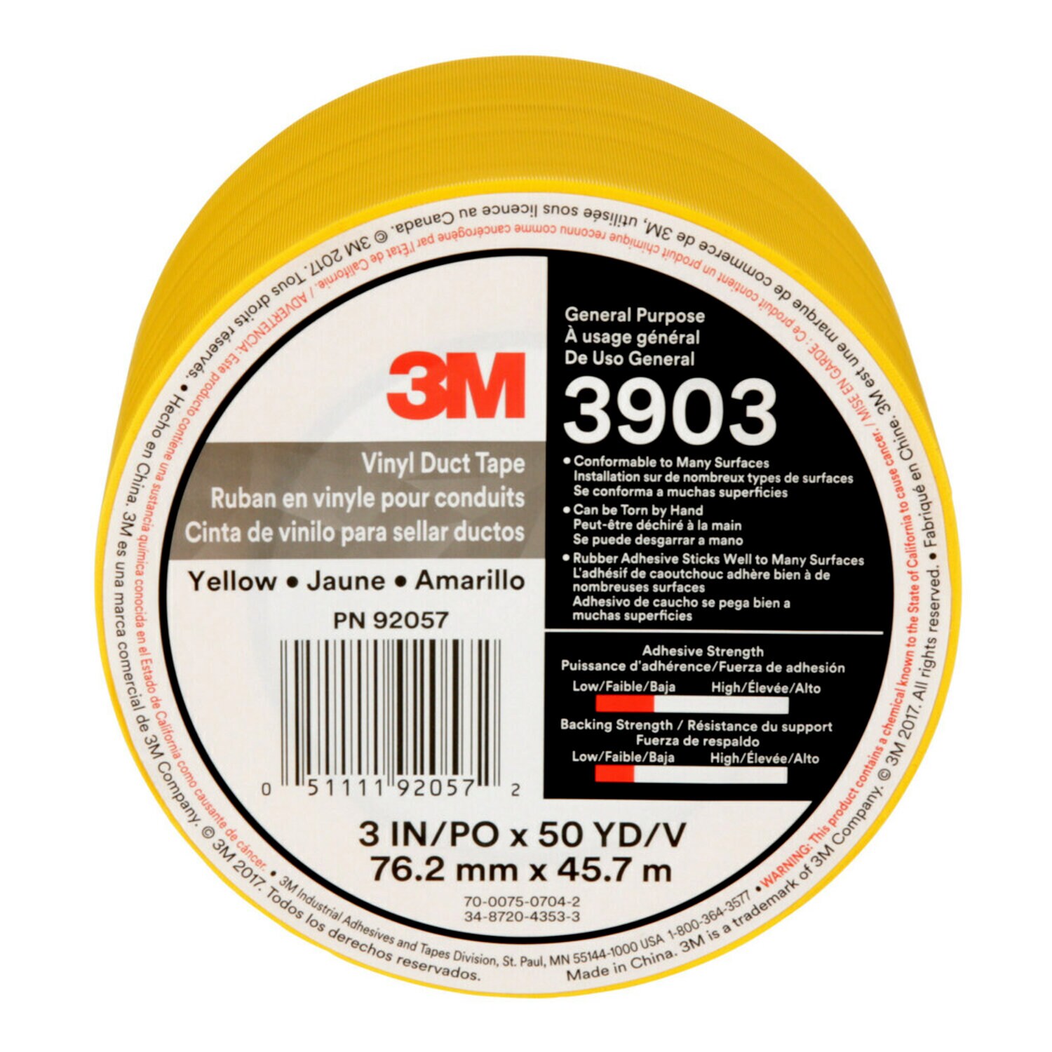 7010378167 - 3M Vinyl Duct Tape 3903, Yellow, 3 in x 50 yd, 6.5 mil, 18/Case,
Individually Wrapped Conveniently Packaged