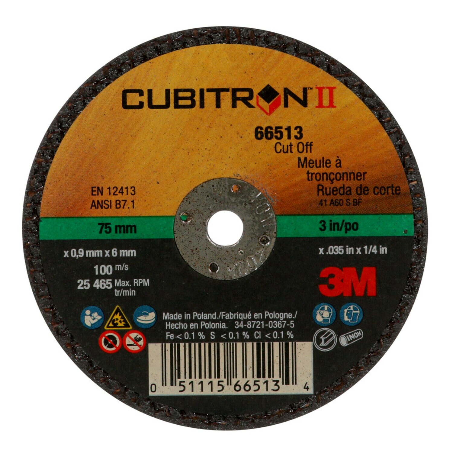 7100094770 - 3M Cubitron II Cut-Off Wheel, 66513, 60, Type 1, 3 in x 0.035 in x 1/4 in, 25/Carton, 50 ea/Case
