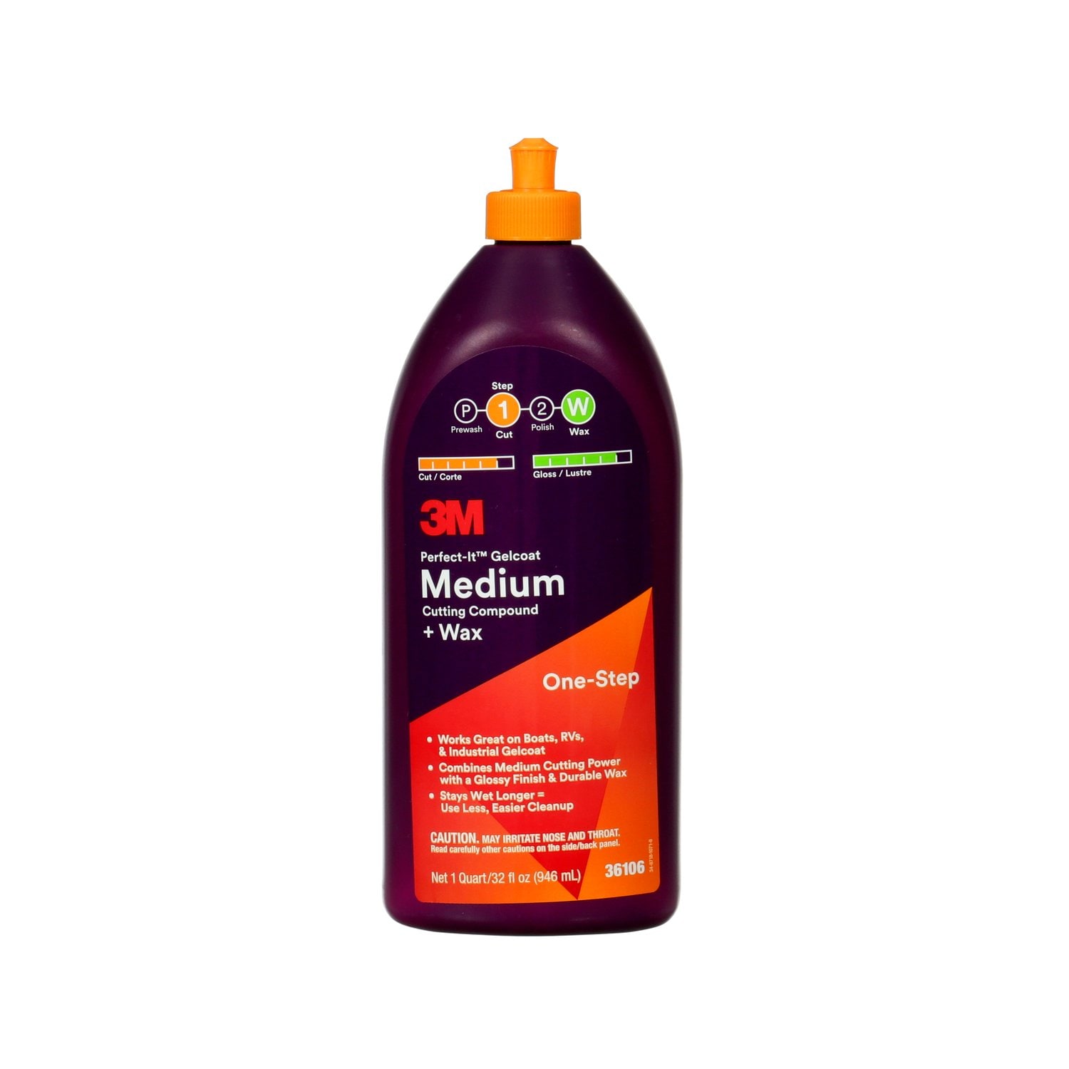 7100210899 - 3M Perfect-It Gelcoat Medium Cutting Compound + Wax, 36106, 1 quart (946 mL), 6 per case