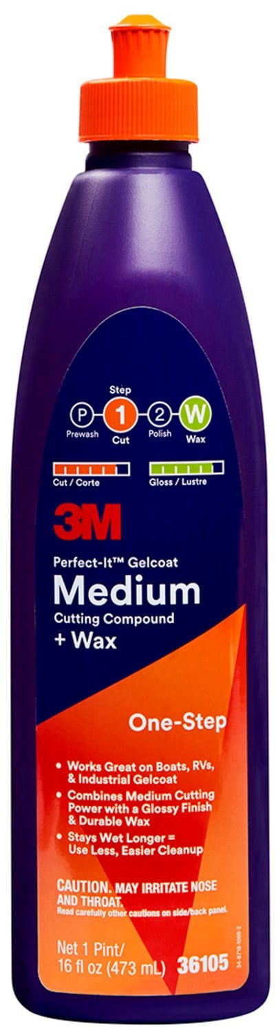 7100210711 - 3M Perfect-It Gelcoat Medium Cutting Compound + Wax, 36105, 1 pint
(473 mL), 6 per case
