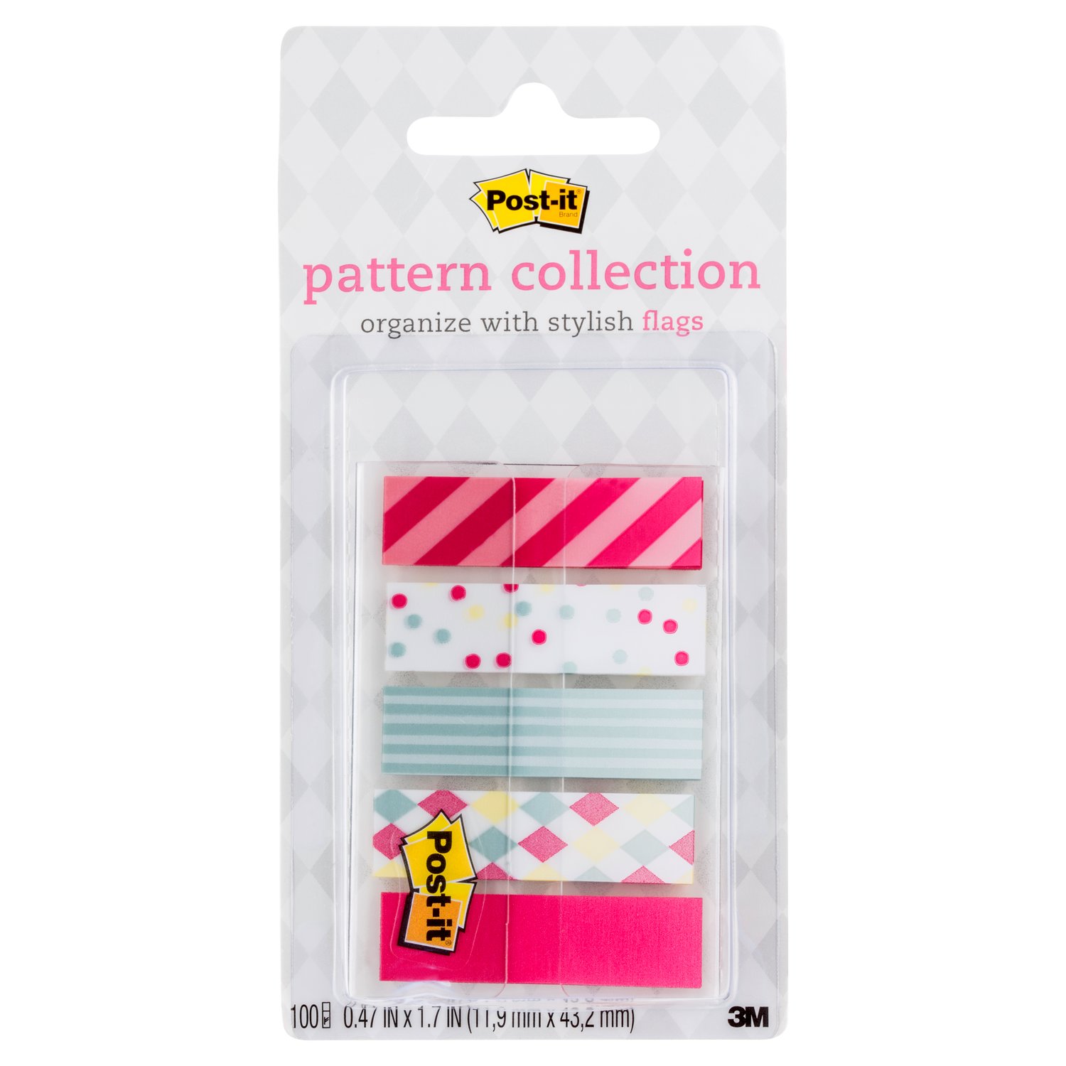 7100047968 - Post-it Pattern Flags, Carnival Pattern Collection, 0.47 in. x 1.7 in. 100/On-the-Go Dispenser, 1 Dispenser/Pack