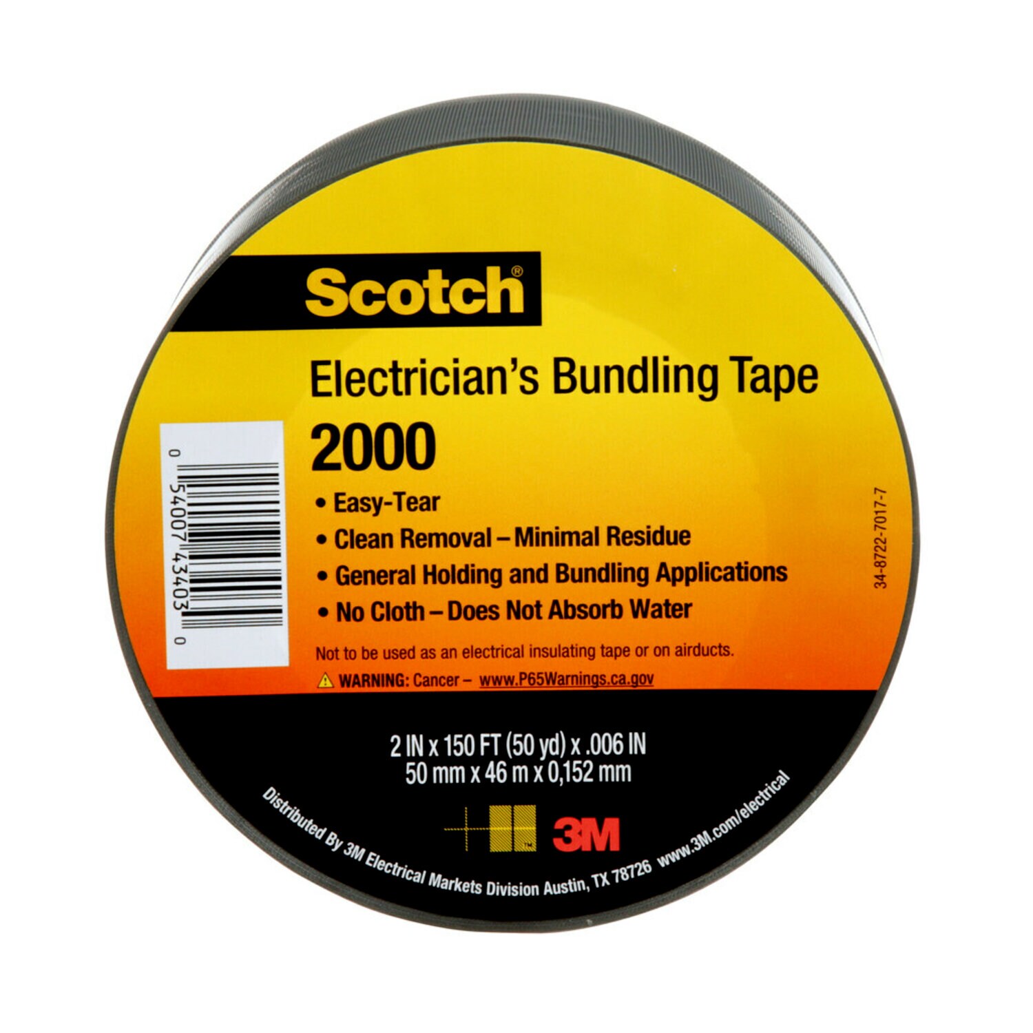 7000031684 - Scotch Electricians Duct Tape 2000, 2 in x 50 yd, 12 Roll Display, 12
Rolls/Case