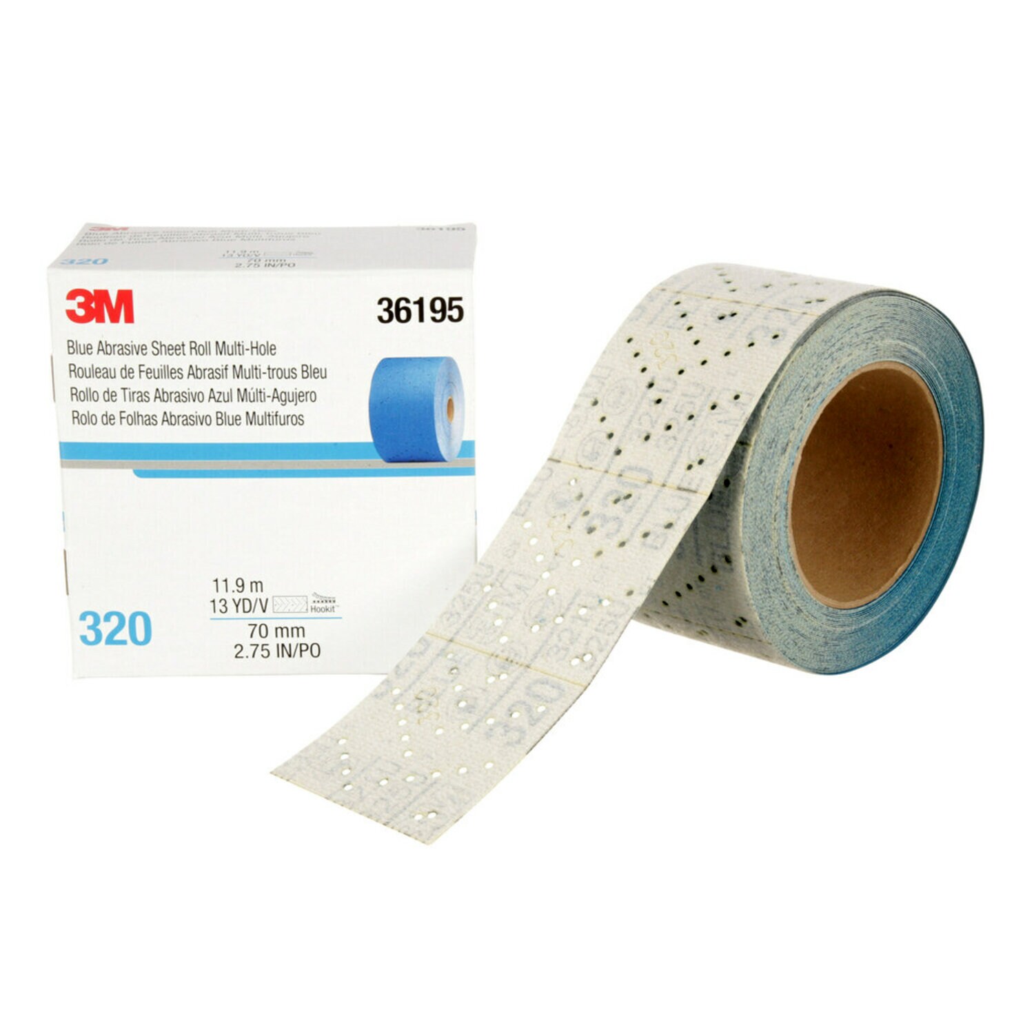 7100219220 - 3M Hookit Blue Abrasive Sheet Roll 321U, 36195, 320, 2.75 in x 13 yd, Multi-hole, 4 Cartons/Case