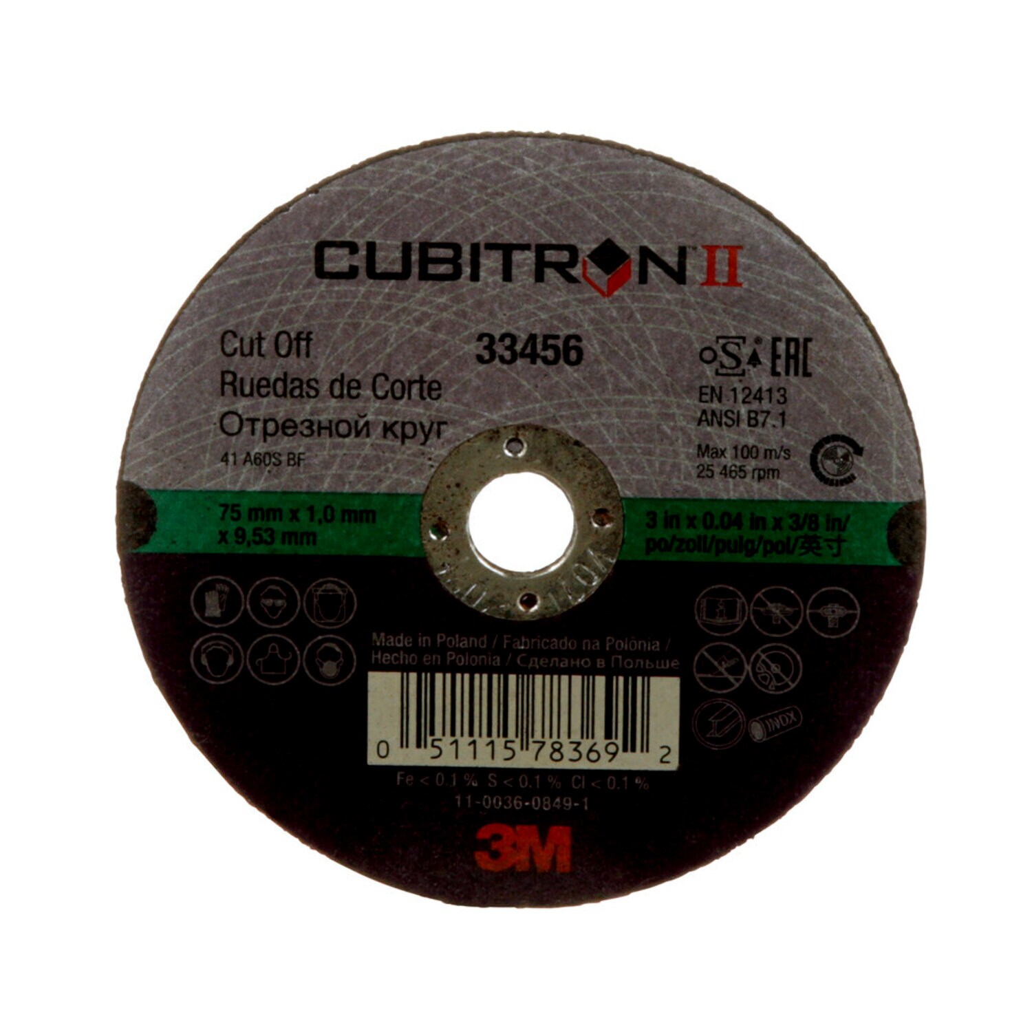 7100032406 - 3M Cubitron II Cut-Off Wheel, 33456, 75 mm x 1 mm x 9.53 mm (3 in x
.04 in x 3/8 in), 5 wheels per carton, 6 cartons per case