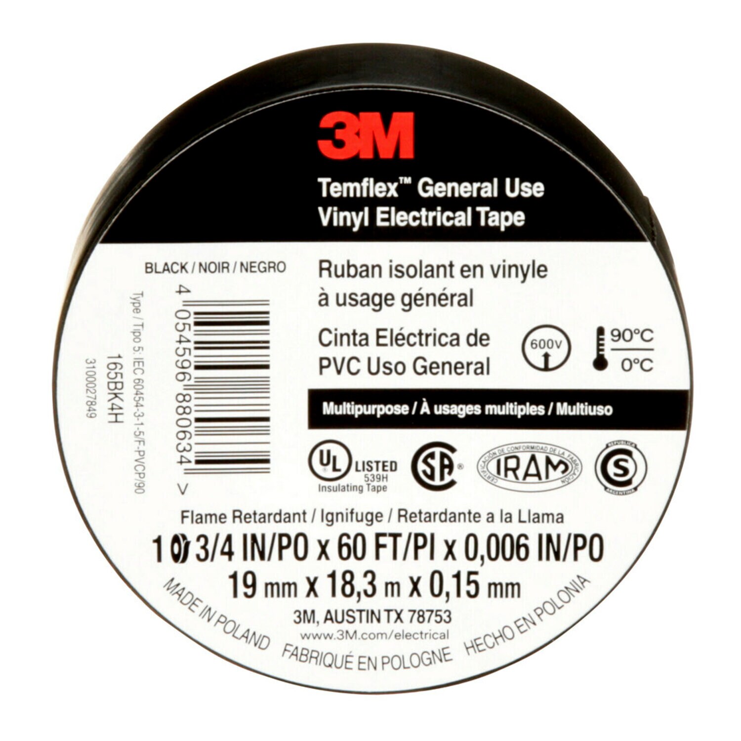 7100169254 - 3M Temflex Vinyl Electrical Tape 165, Black, 3/4 in x 60 ft x .006 in, 100 Rolls/Case