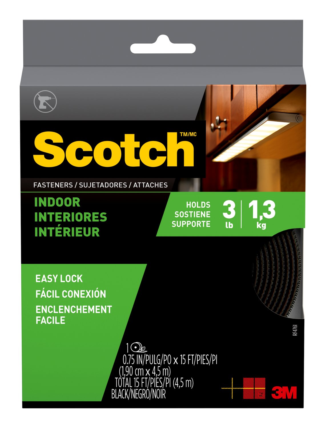 7100104298 - Scotch Indoor Fasteners RF4761, 3/4 in x 15 ft (19 mm x 4,57 m) Black 1 Set of Strips