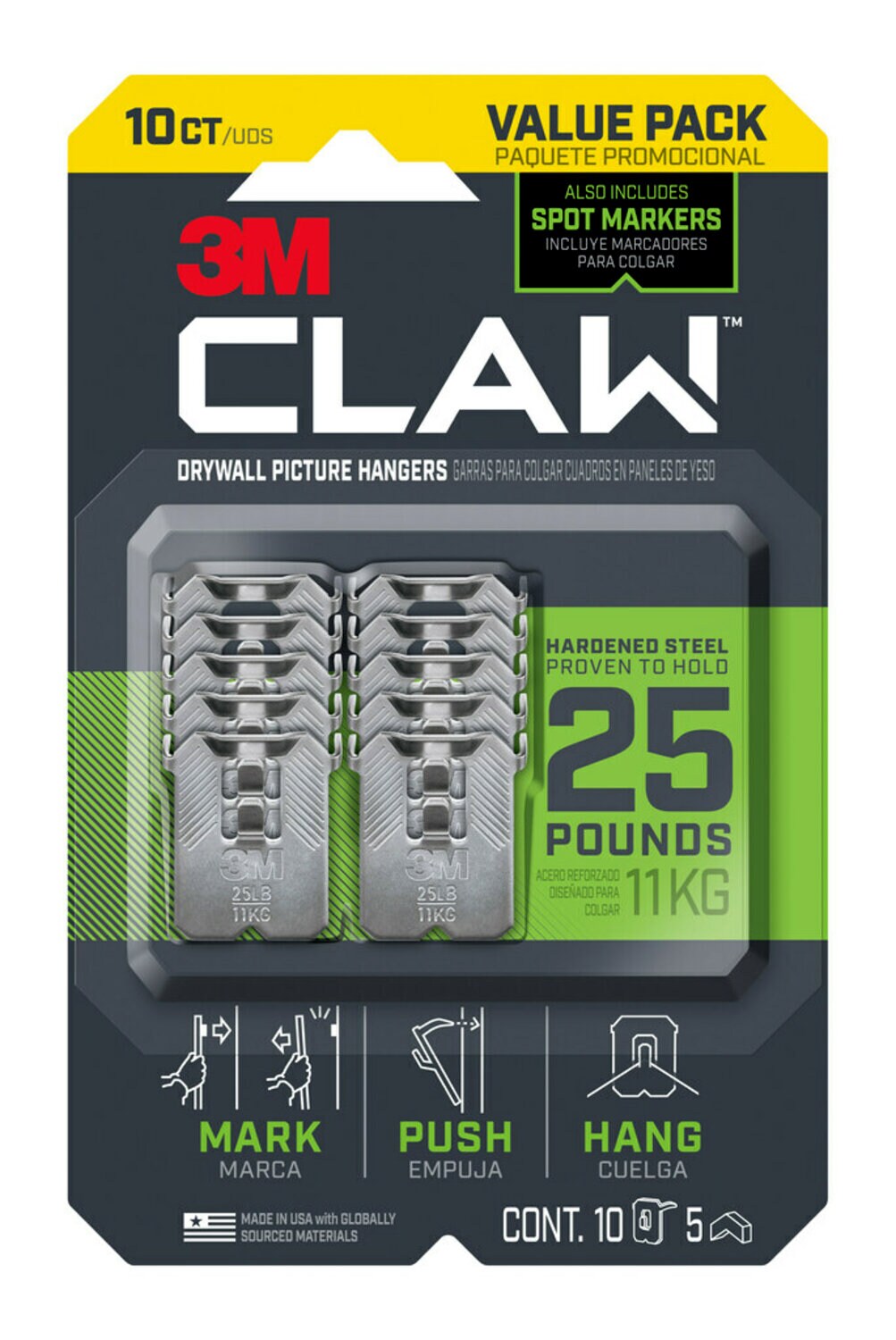 7100274758 - 3M CLAW Drywall Picture Hangers 25lb with Temporary Spot Markers 3PH25M-10ES, 10 hangers, 5 markers