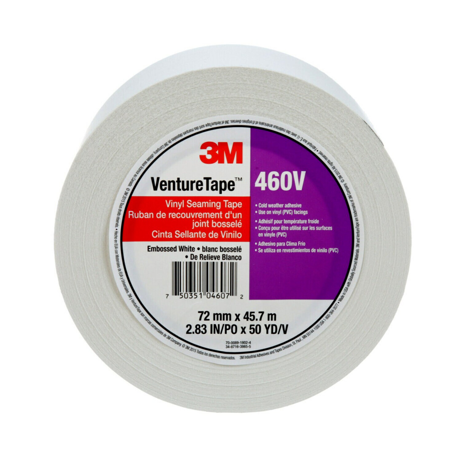 7100043935 - 3M Venture Tape Vinyl Seaming Tape 460V, Embossed, White, 72 mm x 45.7 m, 16 Rolls/Case