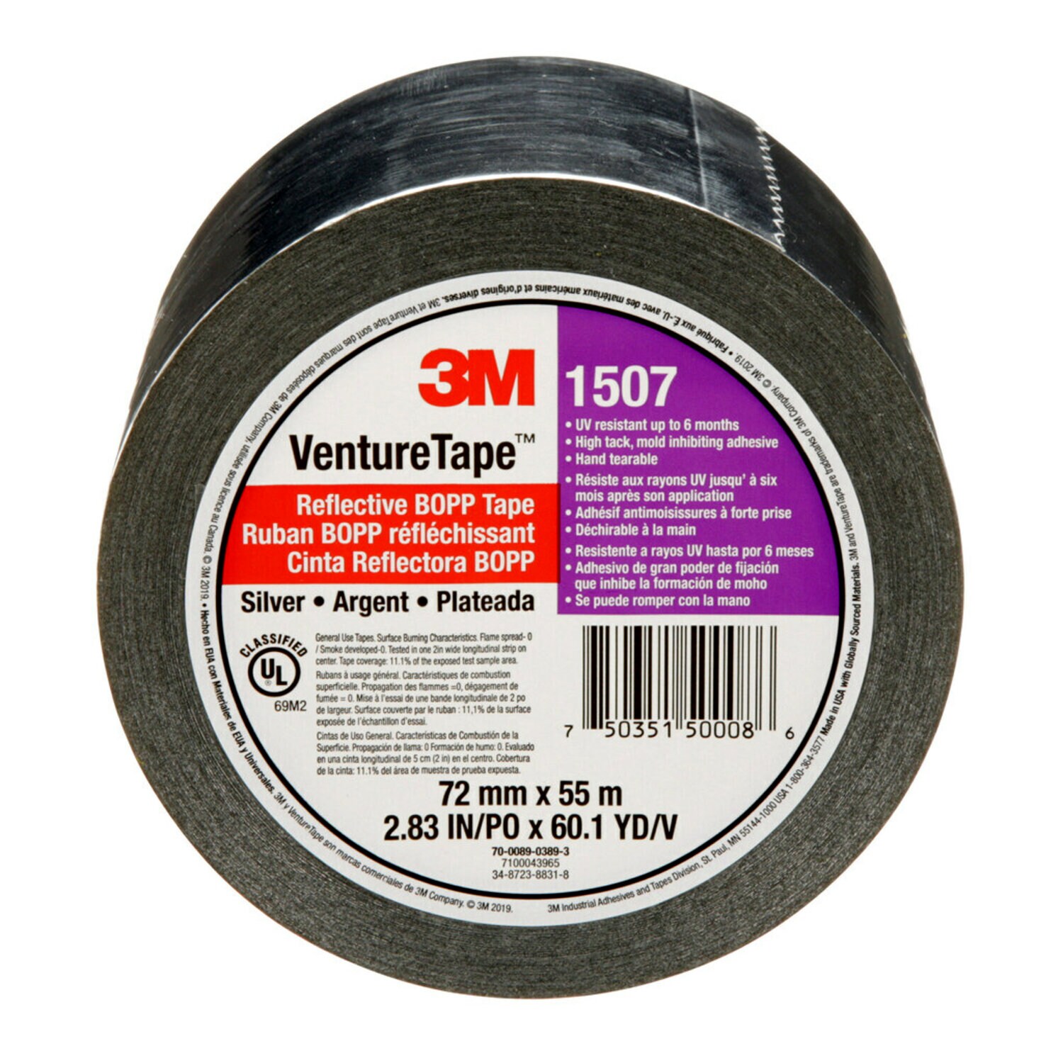 7100043965 - 3M Venture Tape Reflective BOPP Tape 1507, Silver, 72 mm x 55 m, 16 Rolls/Case