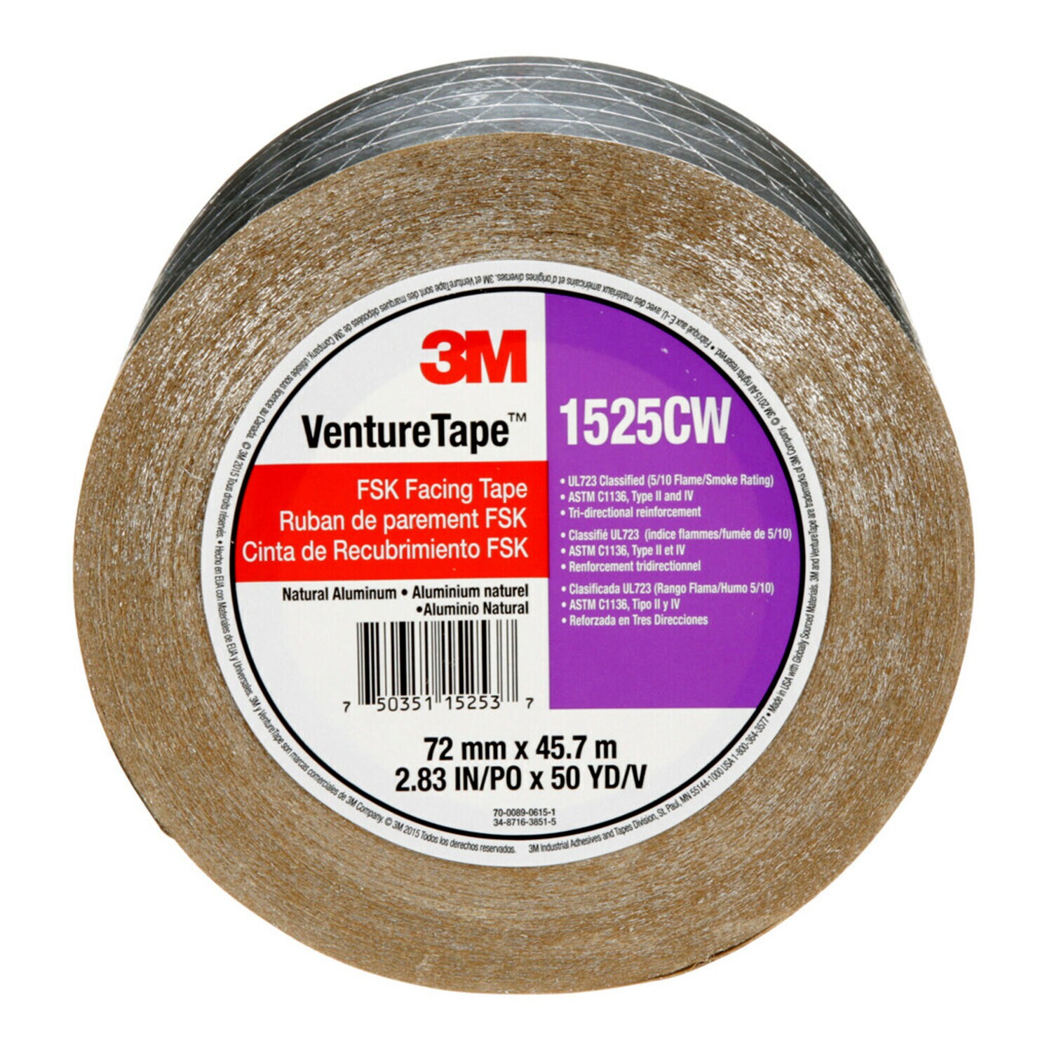 7100043764 - 3M Venture Tape FSK Facing Tape 1525CW, Silver, 72 mm x 45.7 m, 16 Rolls/Case