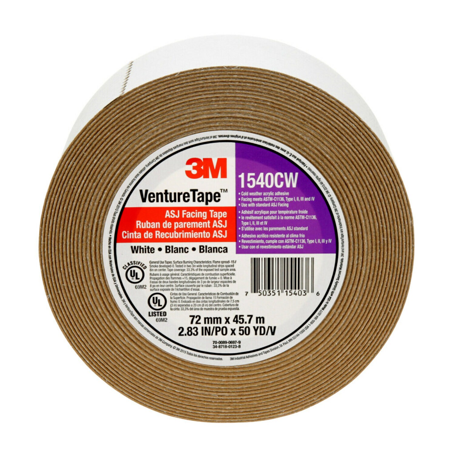 7100043768 - 3M Venture Tape ASJ Facing Tape 1540CW, White, 72 mm x 45.7 m, 16 Rolls/Case