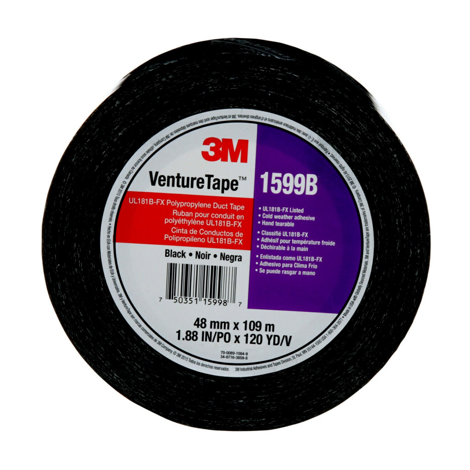 7100043816 - 3M Venture Tape UL181B-FX Polypropylene Duct Tape 1599B, Black, 48 mm x 109.7 m, 3 mil, 24 Rolls/Case