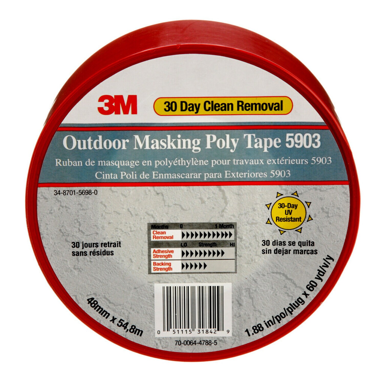 7000049309 - 3M Outdoor Masking Poly Tape 5903, Red, 48 mm x 54.8 m, 7.5 mil, 24
Roll/Case, Individually Wrapped Conveniently Packaged