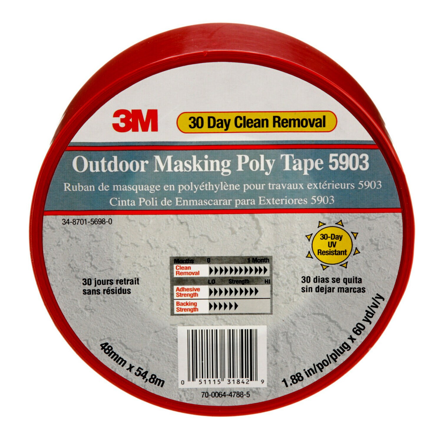 7000049309 - 3M Outdoor Masking Poly Tape 5903, Red, 48 mm x 54.8 m, 7.5 mil, 24 Roll/Case, Individually Wrapped Conveniently Packaged