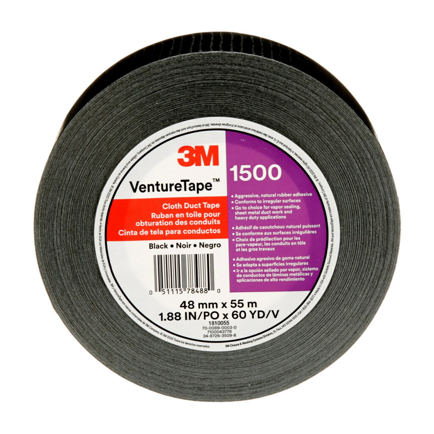 7100043778 - 3M Venture Tape Cloth Duct Tape 1500, Black, 48 mm x 55 m (1.88 in x
60.1 yd), 24/Case