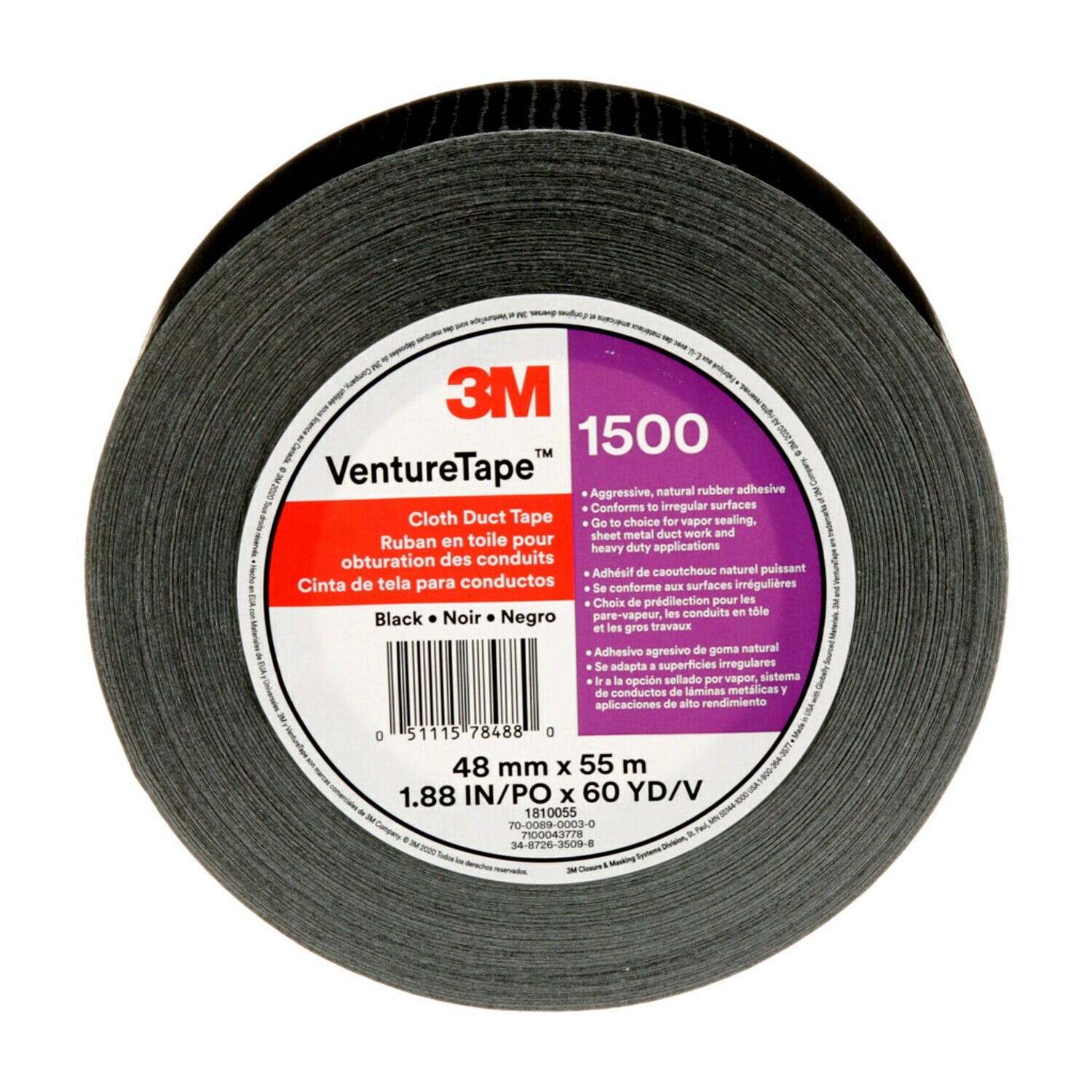 7100043778 - 3M Venture Tape Cloth Duct Tape 1500, Black, 48 mm x 55 m (1.88 in x 60.1 yd), 24/Case