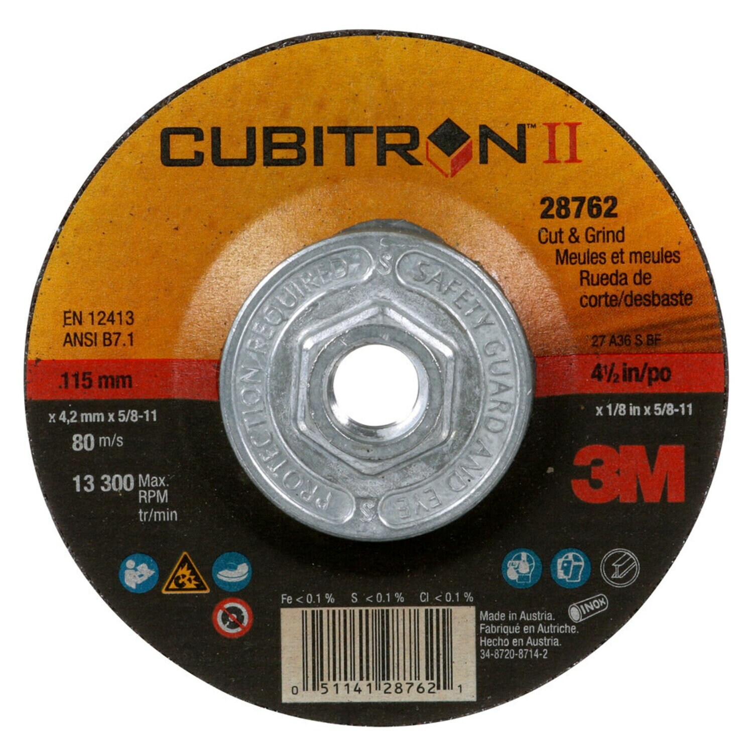 7100245018 - 3M Cubitron II Cut and Grind Wheel, 28762, T27 Quick Change, 4 1/2 in
x 1/8 in x 5/8 in-11 in, 10/Carton, 20 ea/Case
