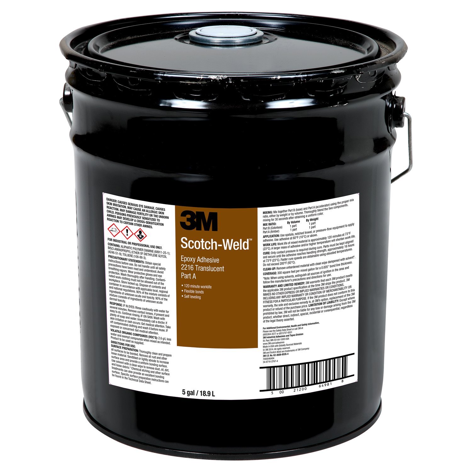 7000046494 - 3M Scotch-Weld Epoxy Adhesive 2216, Translucent, Part A, 5 Gallon Pour Spout (Pail), 1 Can/Drum