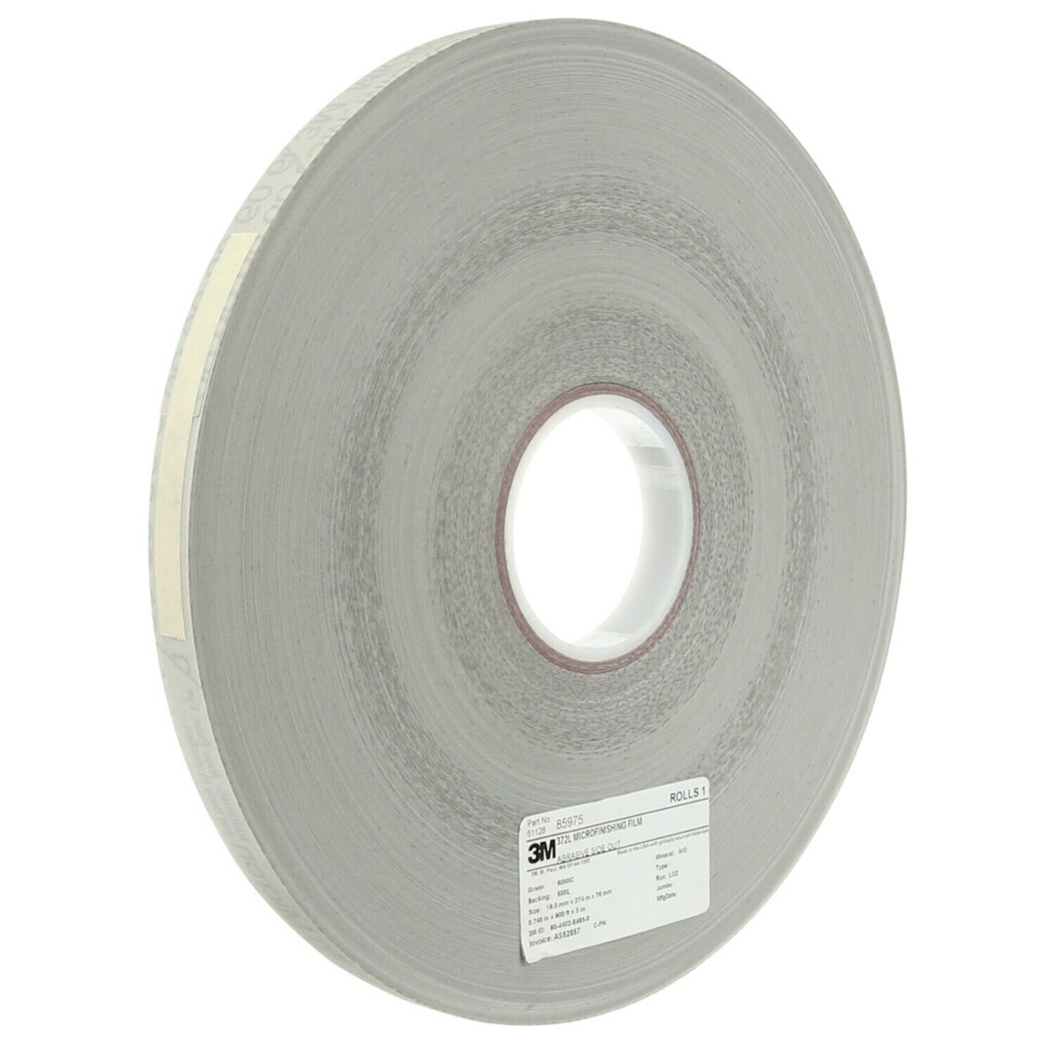7100184903 - 3M Microfinishing Film Roll 372L, 60 Mic 5MIL, .59 in x 150 ft x 5/8 in (14.99mmx45.75m), Coreless, End Roll Mark Red, 18 ea/Case
