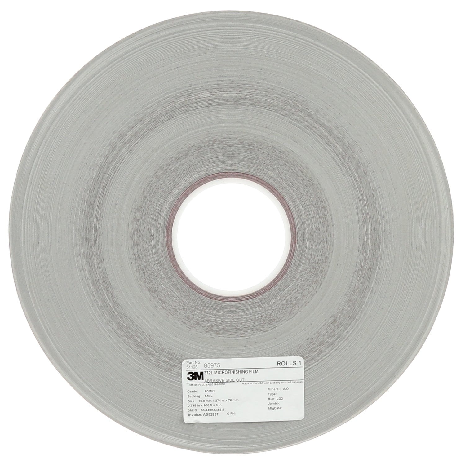 7100208939 - 3M Microfinishing Film Roll 372L, 1.732 in x 900 in x 1.75 in, 50 Mic, 5MIL, ASO, End Roll Mark Red, 3 ea/Case