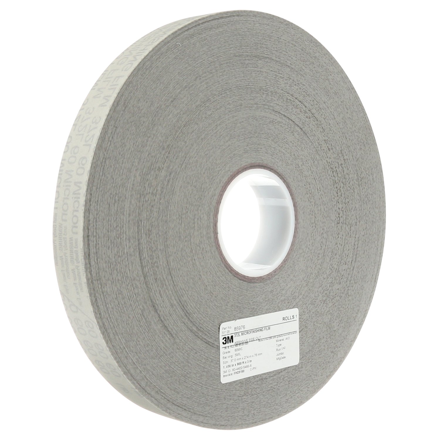 7100239078 - 3M Microfinishing Film Roll 372L, 30 Mic 5MIL, 0.512 in x 300 ft x 3 in (13mmx91.5m), Plastic Core, ASO, ERMB, 20 ea/Case