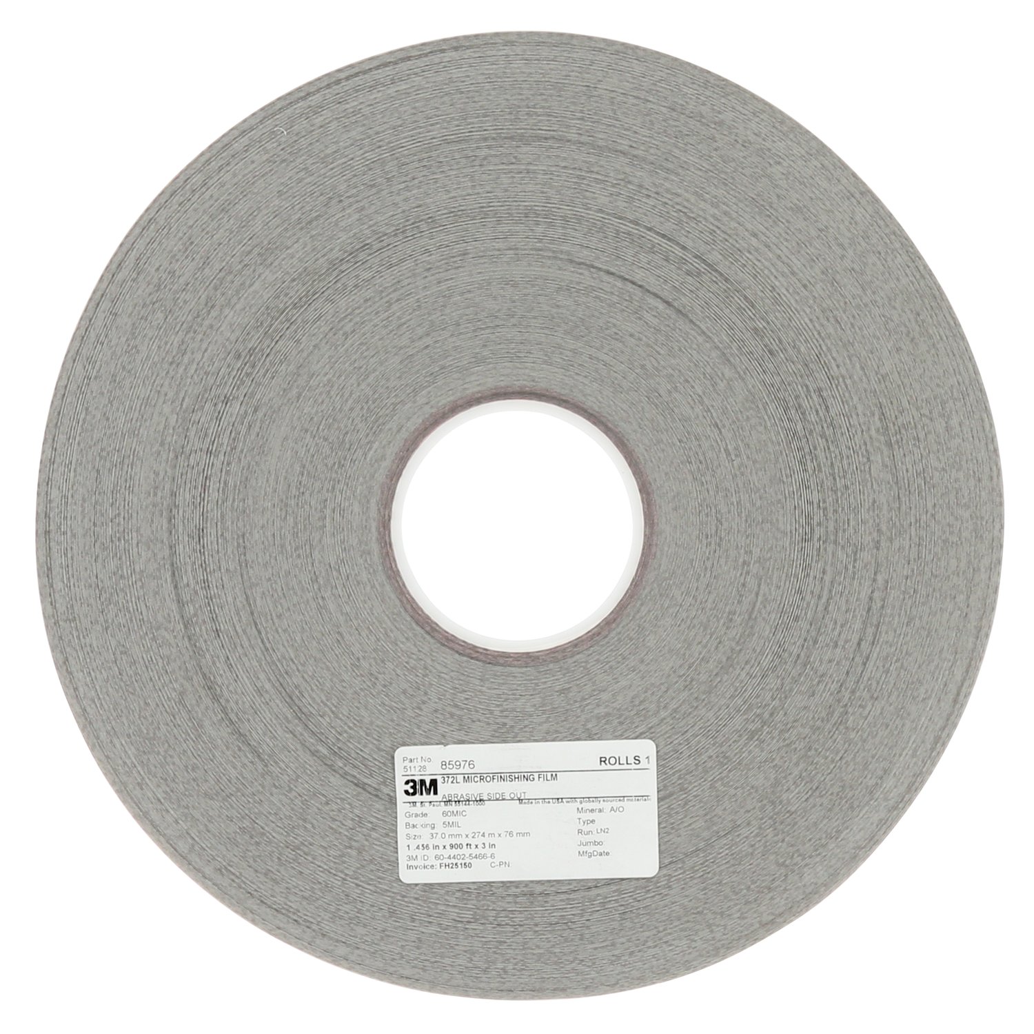 7100211716 - 3M Microfinishing Film Roll 372L, 9 Mic 5MIL, 0.787 in x 500 ft x 1 in (20mmx152.5m), Plastic Core, ASO, End Roll Mark Black