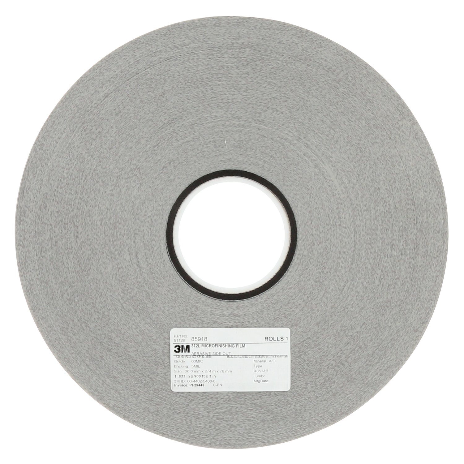 7100193313 - 3M Microfinishing Film Roll 372L, 30 Mic 5MIL, 0.689 in x 591 ft x 1 in (17.5mmx180m), Plastic Core, ASO, End Roll Mark Black