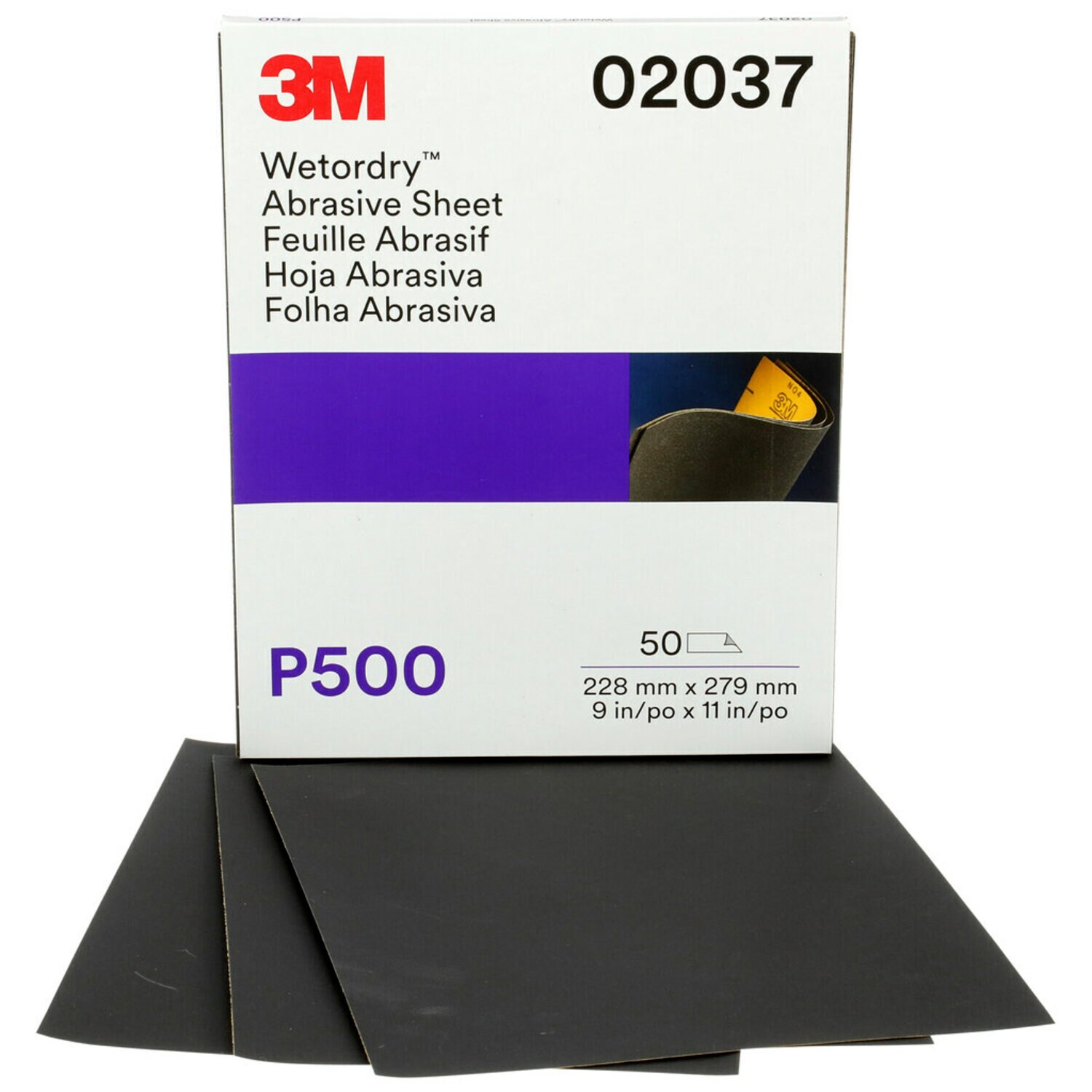 7000045547 - 3M Wetordry Abrasive Sheet, 02037, P500, 9 in x 11 in, 50 sheets per carton, 5 cartons per case