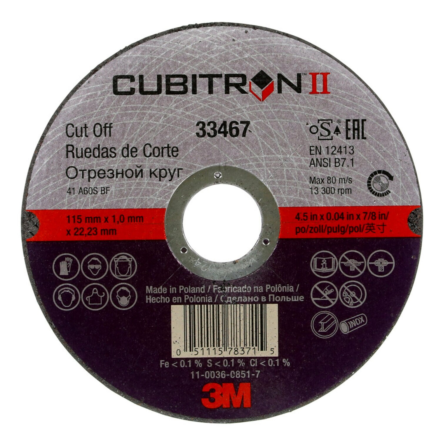7100032407 - 3M Cubitron II Cut-Off Wheel, 33467, 4.5 in x 0.04 in x 7/8 in, 5 per
pack, 6 packs per case