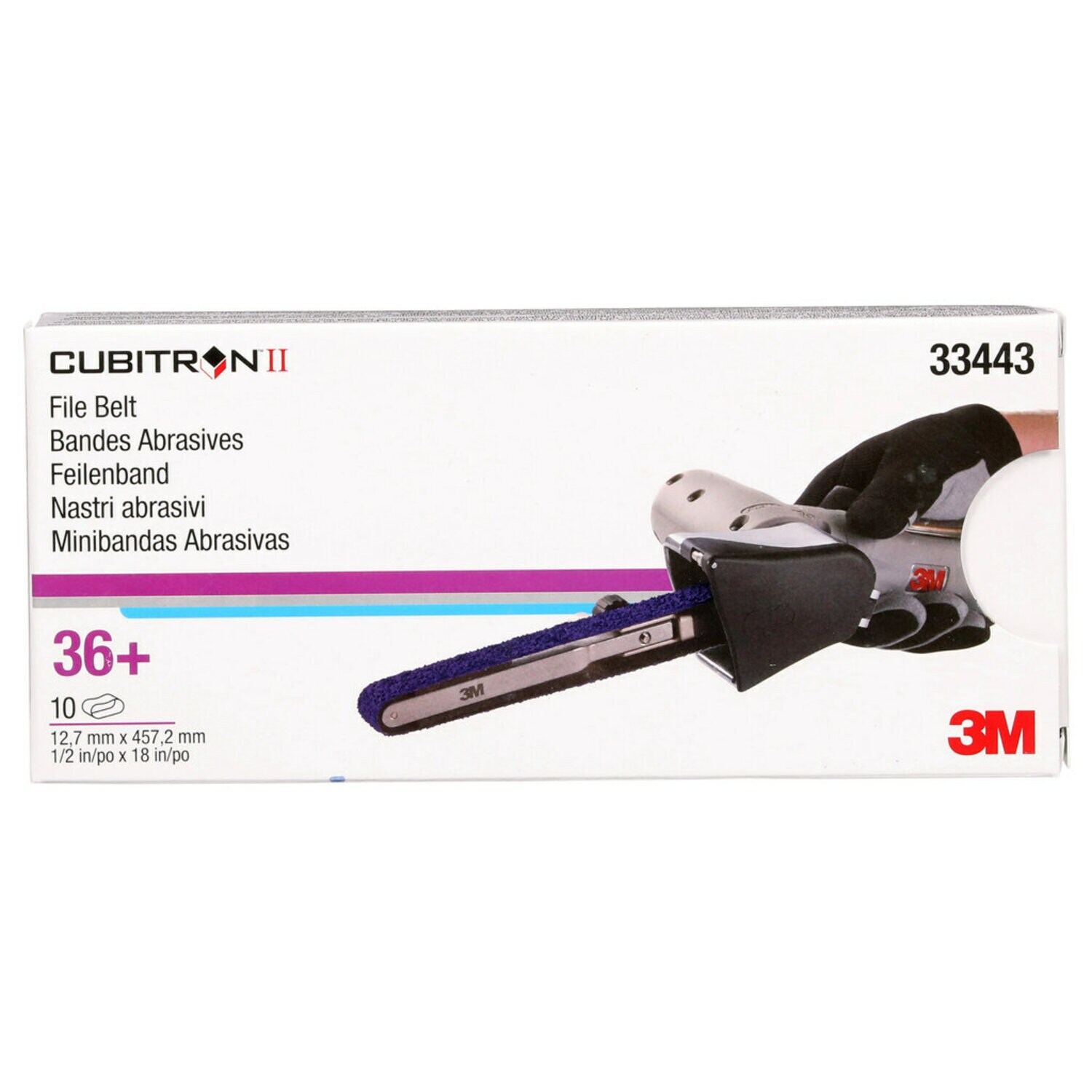 7100033184 - 3M Cubitron II File Belt 786F, 33443, 36+, 12.7 mm x 457.2 mm (1/2 in x 18 in), 10 Belts/Carton, 5 Cartons/Case