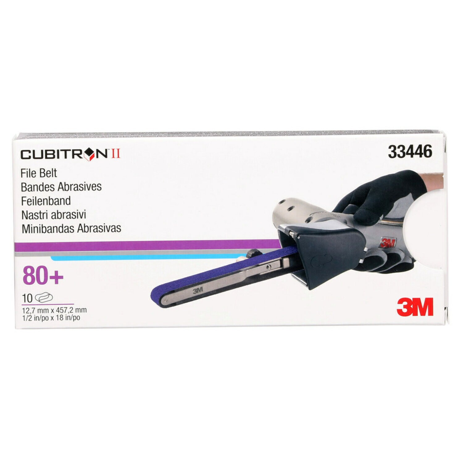 7100033186 - 3M Cubitron II File Belt 786F, 33446, 80+, 12.7 mm x 457.2 mm (1/2 in x 18 in ), 10 Belts/Carton, 5 Cartons/Case