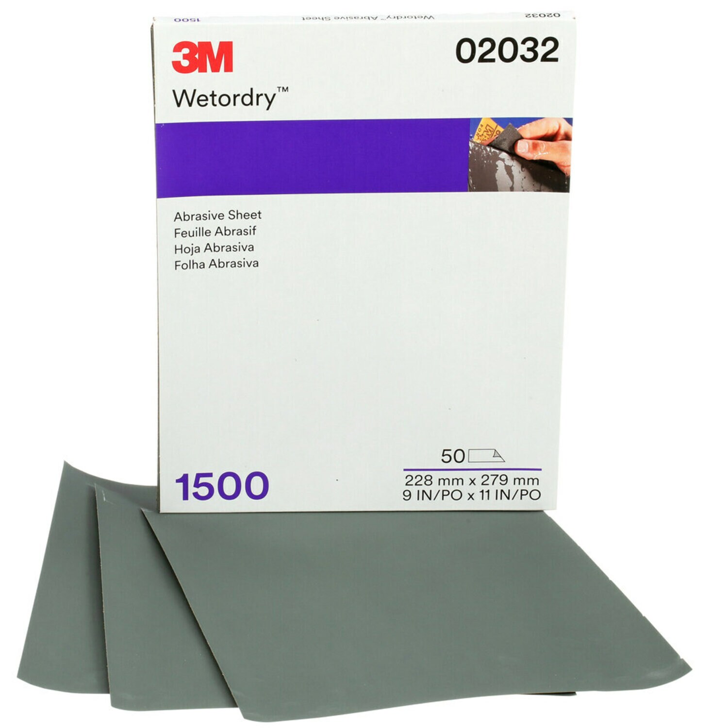 7100045849 - 3M Wetordry Abrasive Sheet, 02032, 9 in x 11 in, 1500 grade, 50 sheets
per carton, 5 cartons per case