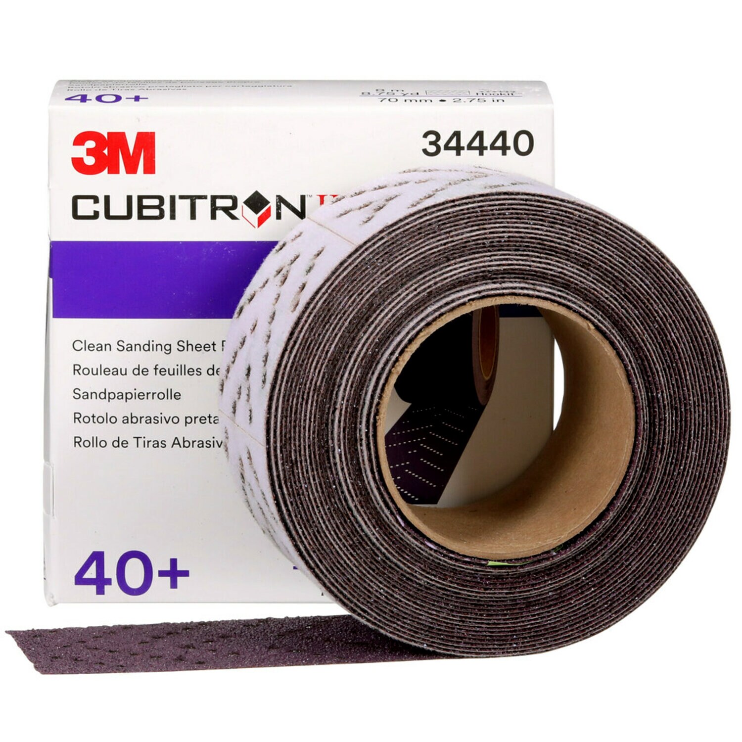 7100086671 - 3M Cubitron II Hookit Clean Sanding Sheet Roll, 34440, 40+ grade, 70
mm x 8 m, 5 rolls per case