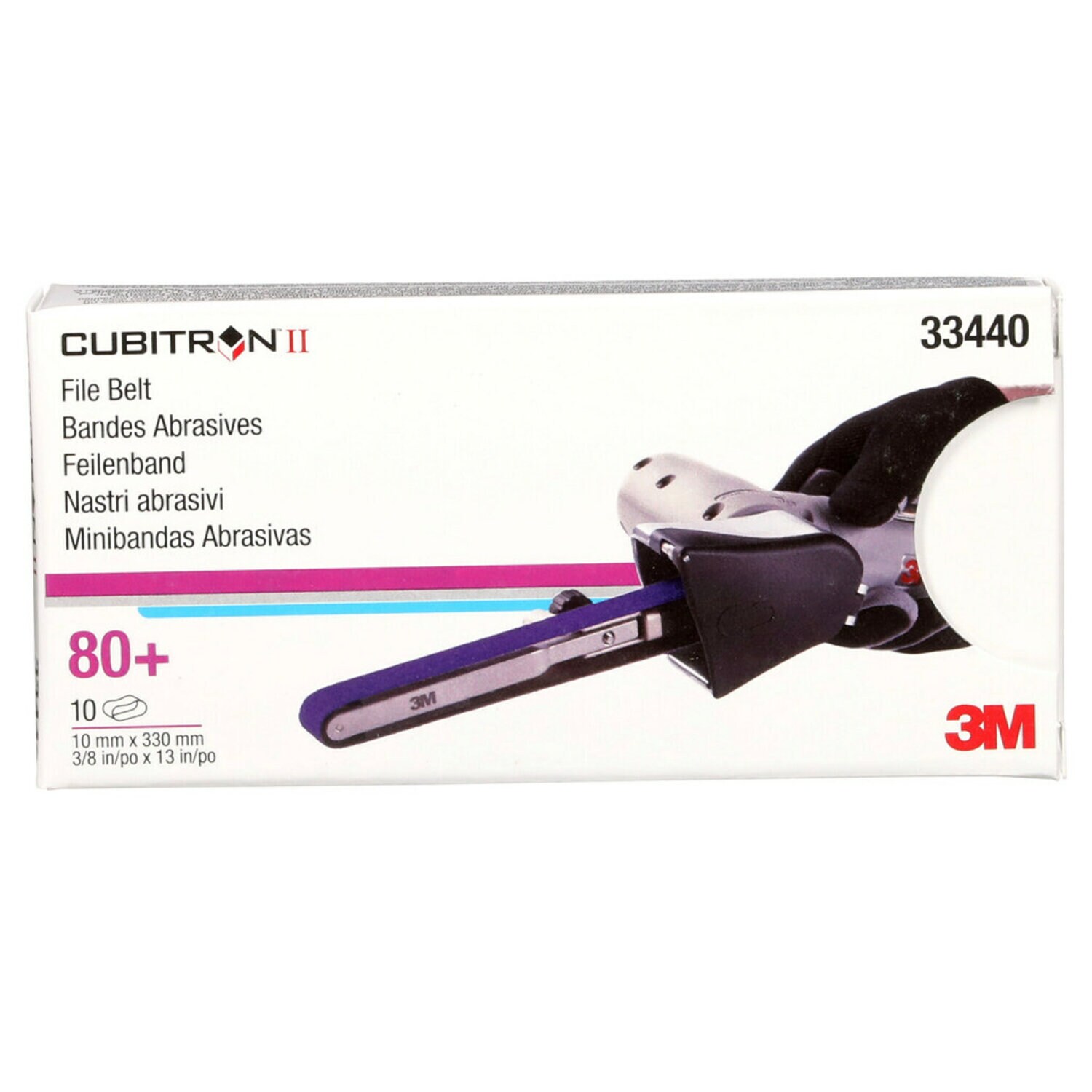 7100033195 - 3M Cubitron II File Belt 786F, 33440, 80+, 10 mm x 330 mm (3/8 in x 13 in), 10 Belts/Carton, 5 Cartons/Case