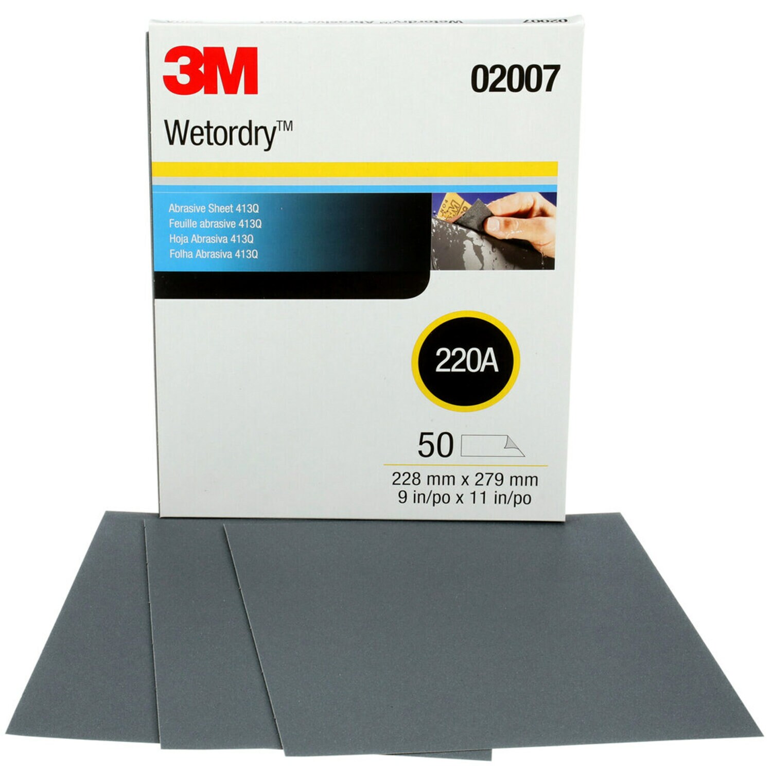 7000148224 - 3M Wetordry Abrasive Sheet 413Q, 02007, 220, 9 in x 11 in, 50 sheets per carton, 5 cartons per case
