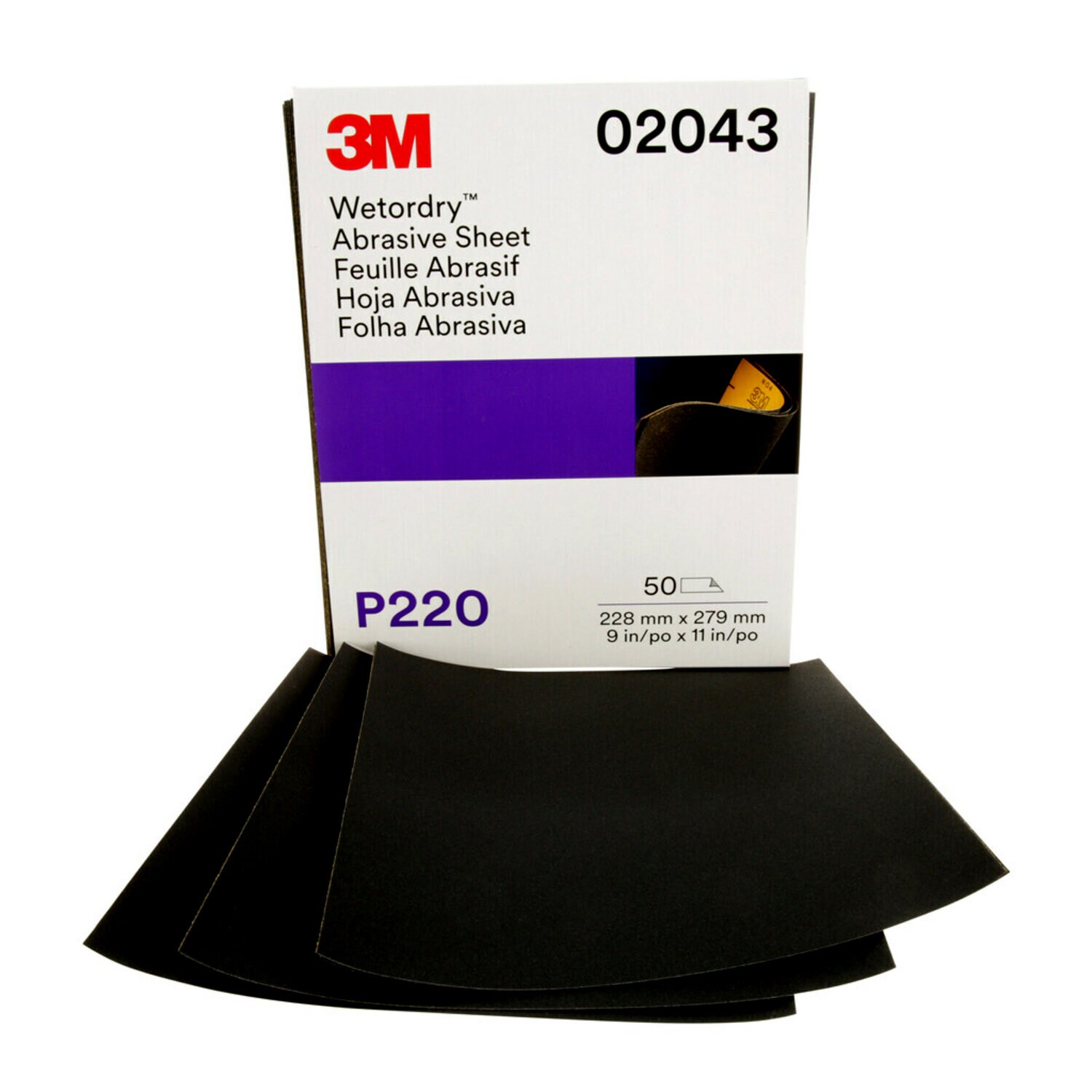 7000120115 - 3M Wetordry Abrasive Sheet, 02043, P220, 9 in x 11 in, 50 sheets per
carton, 5 cartons per case