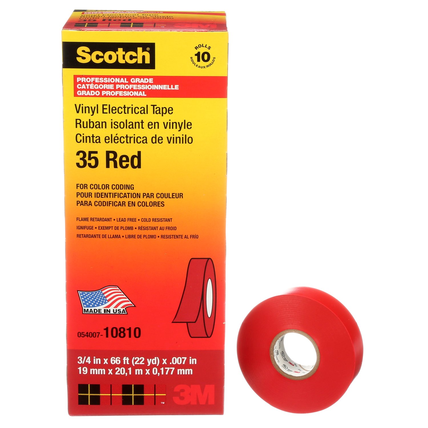 7000006094 - Scotch Vinyl Color Coding Electrical Tape 35, 3/4 in x 66 ft, Red, 10 rolls/carton, 100 rolls/Case