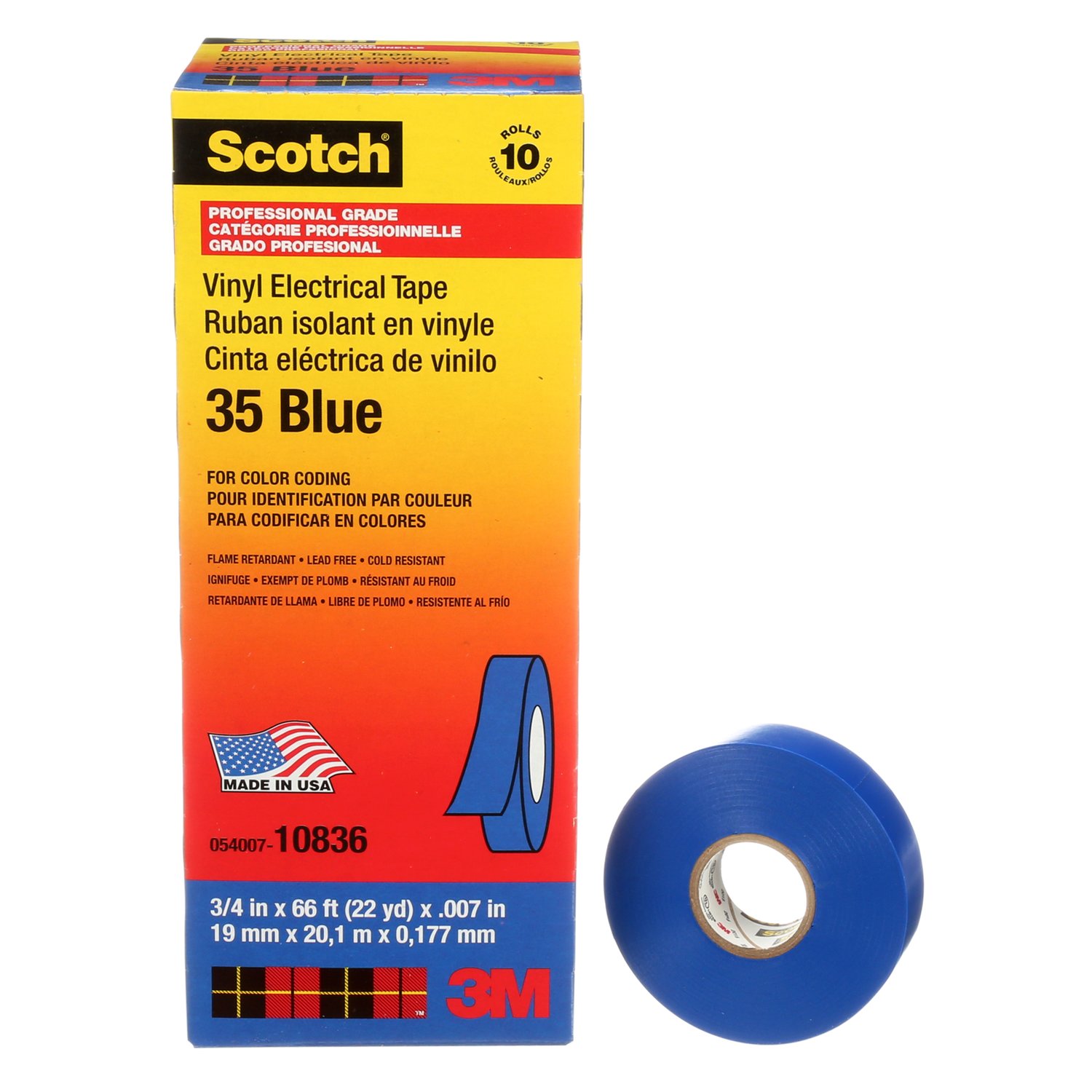 7000006095 - Scotch Vinyl Color Coding Electrical Tape 35, 3/4 in x 66 ft, Blue, 10
rolls/carton, 100 rolls/Case